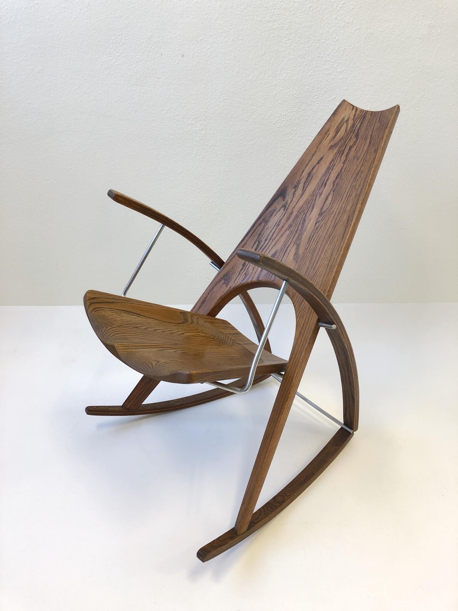 Late 20th Century Studio Oak and Stainless Steel Rocking Chair by Leon Mayer For Sale