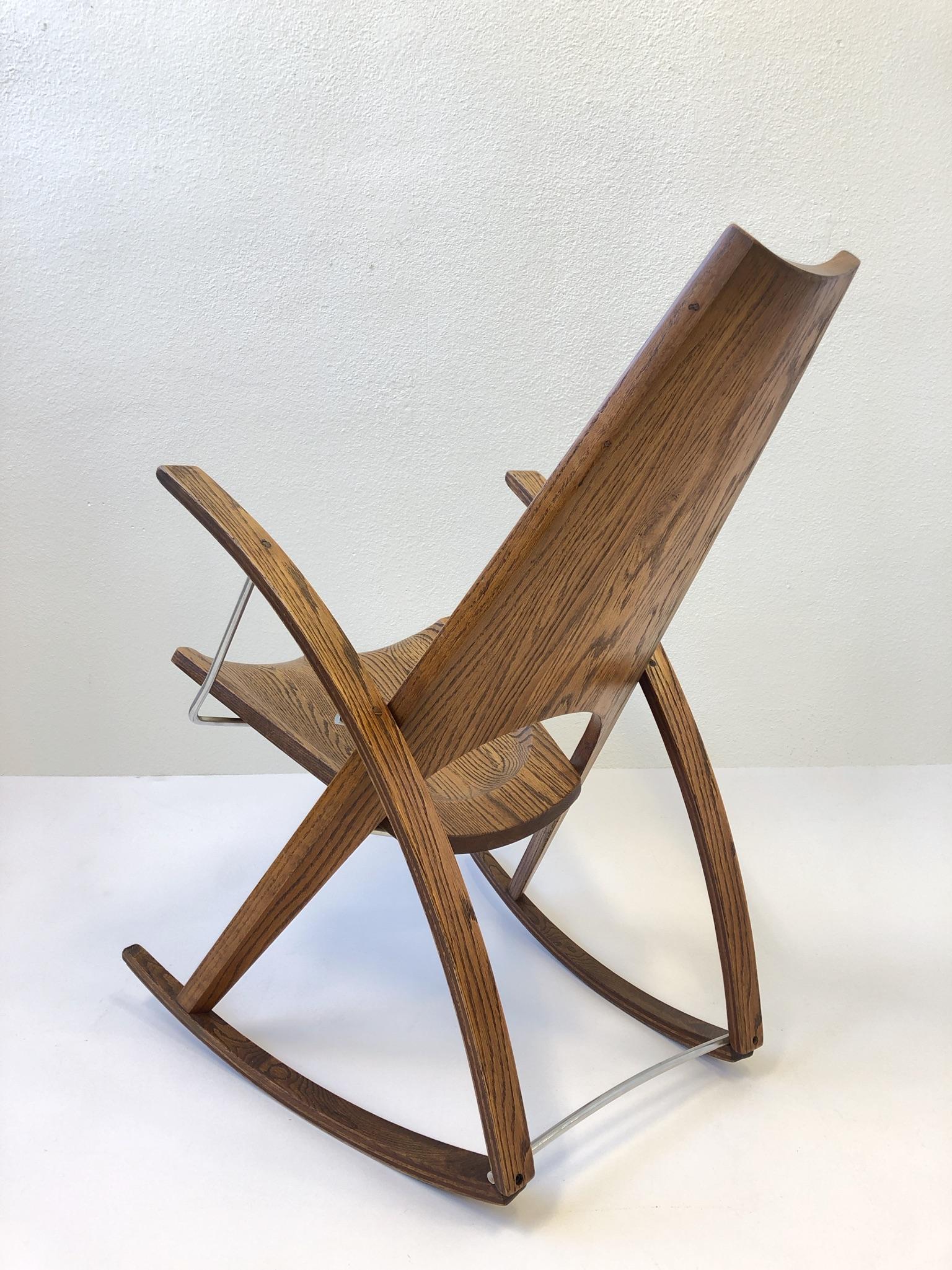 Studio Oak and Stainless Steel Rocking Chair by Leon Mayer In Excellent Condition For Sale In Palm Springs, CA