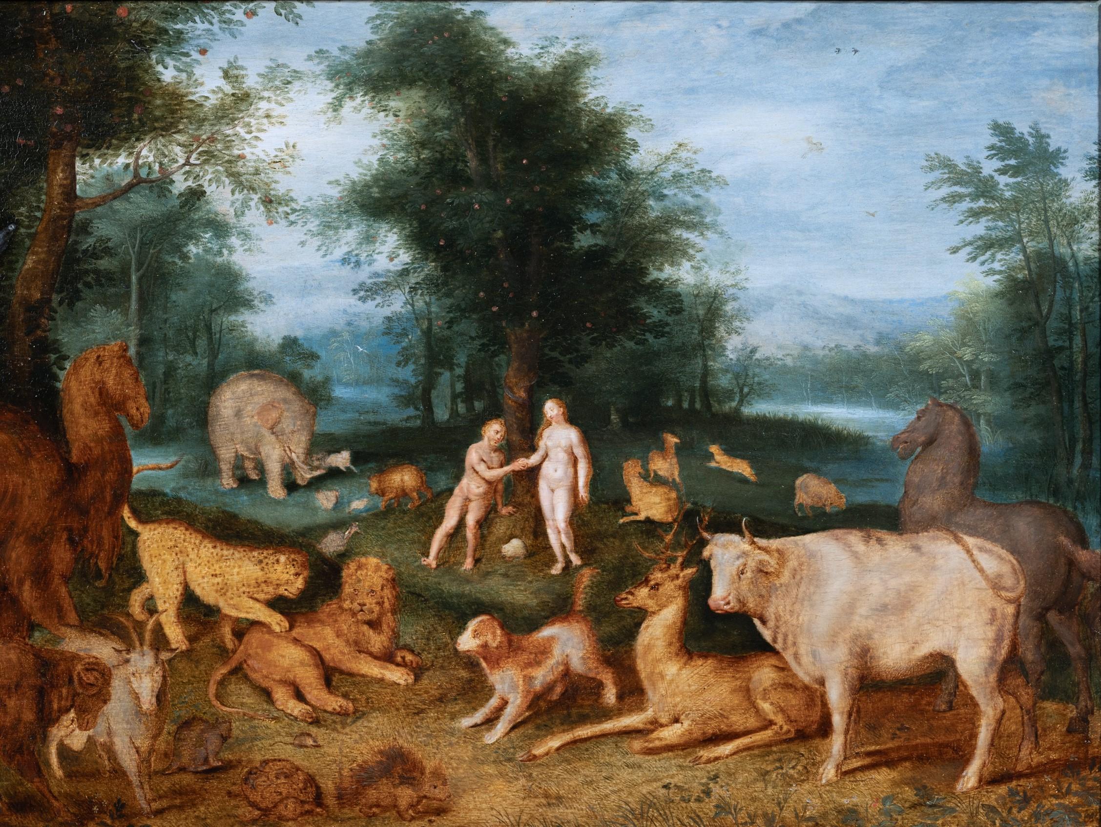 Adam and Eve in paradise, studio of Jan Brueghel the Younger, 17th century - Painting by Studio of Jan Brueghel the Younger
