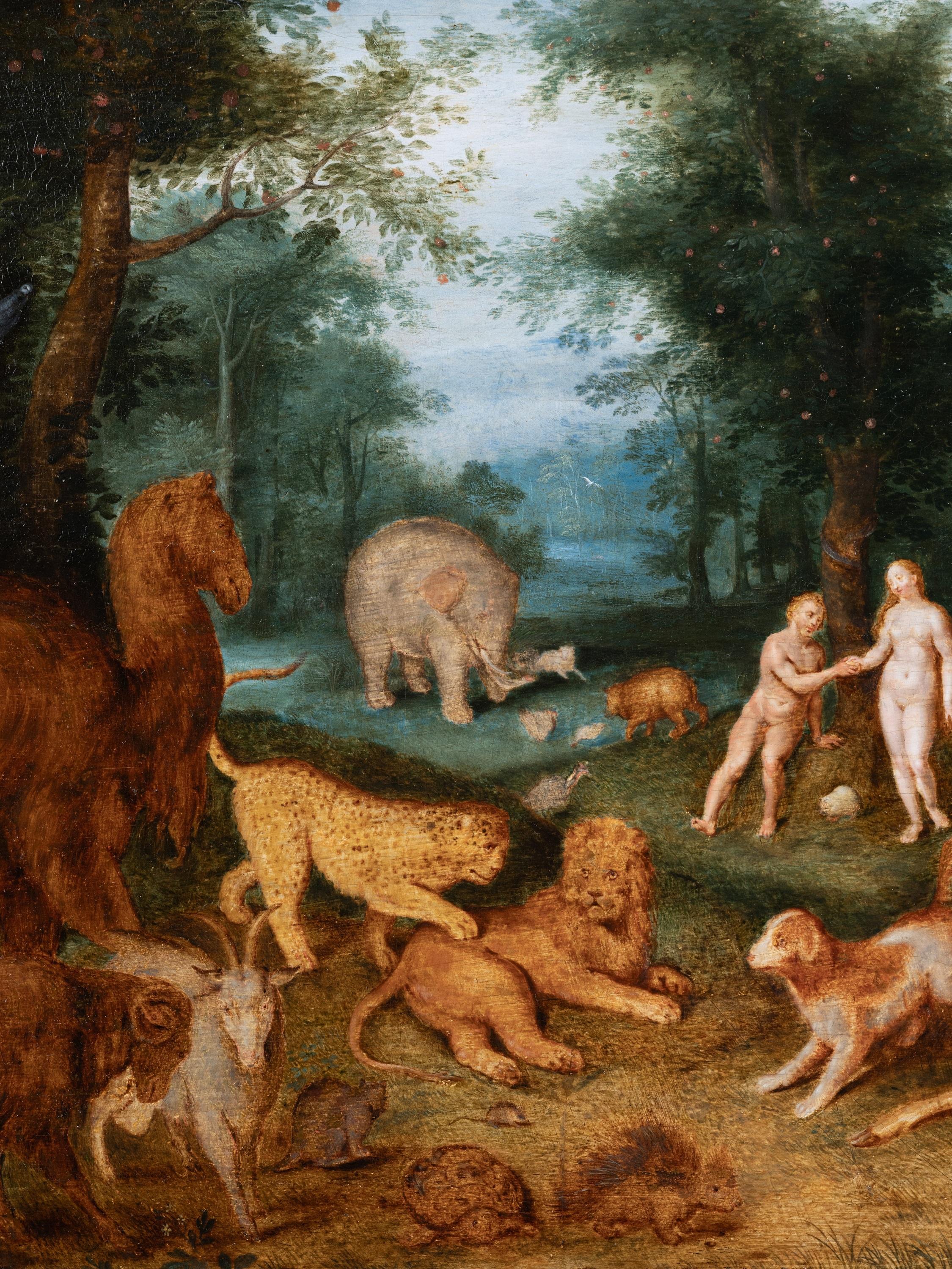Adam and Eve in paradise, studio of Jan Brueghel the Younger, 17th century - Old Masters Painting by Studio of Jan Brueghel the Younger