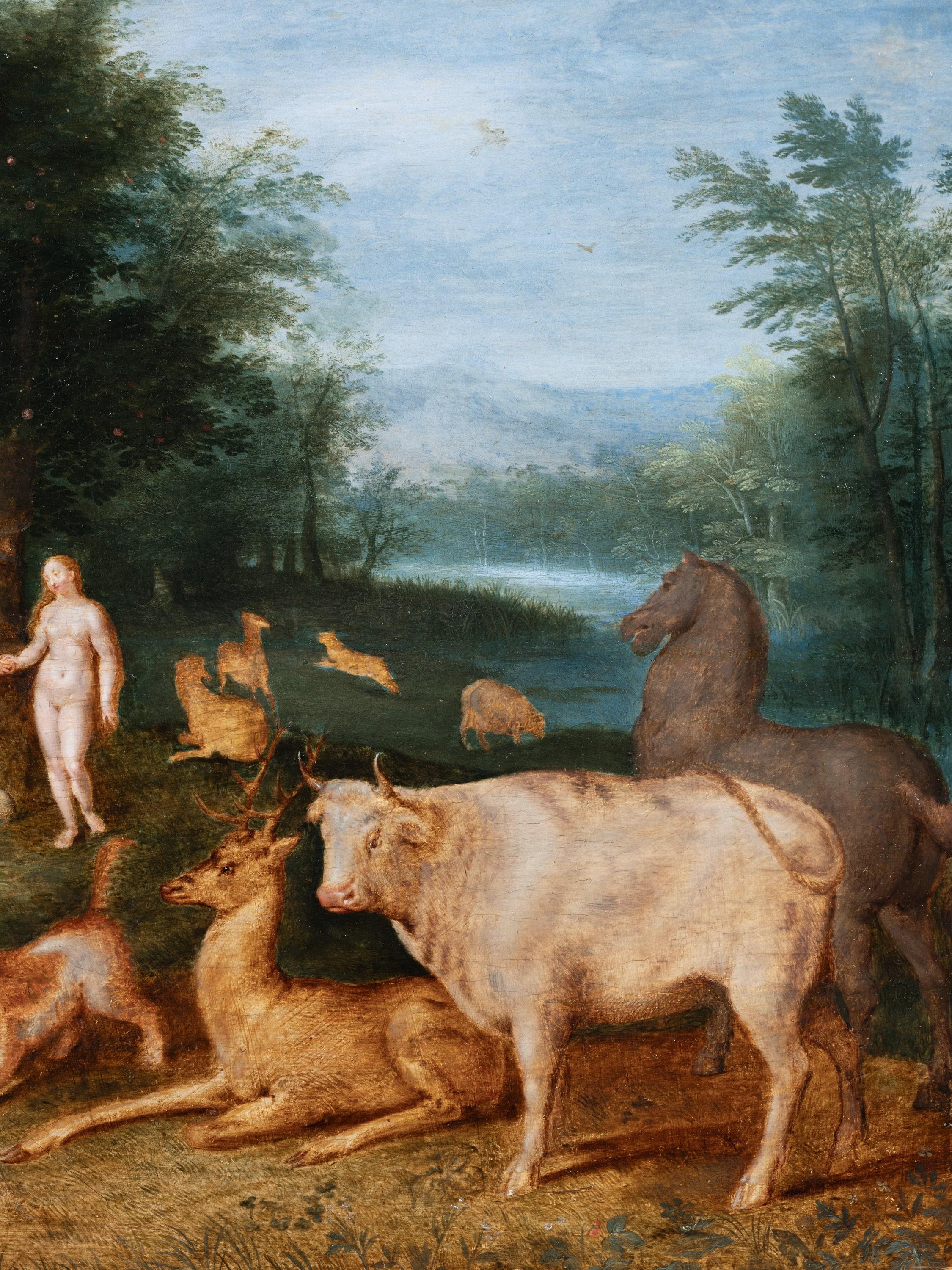 Adam and Eve in paradise, studio of Jan Brueghel the Younger, 17th century For Sale 1