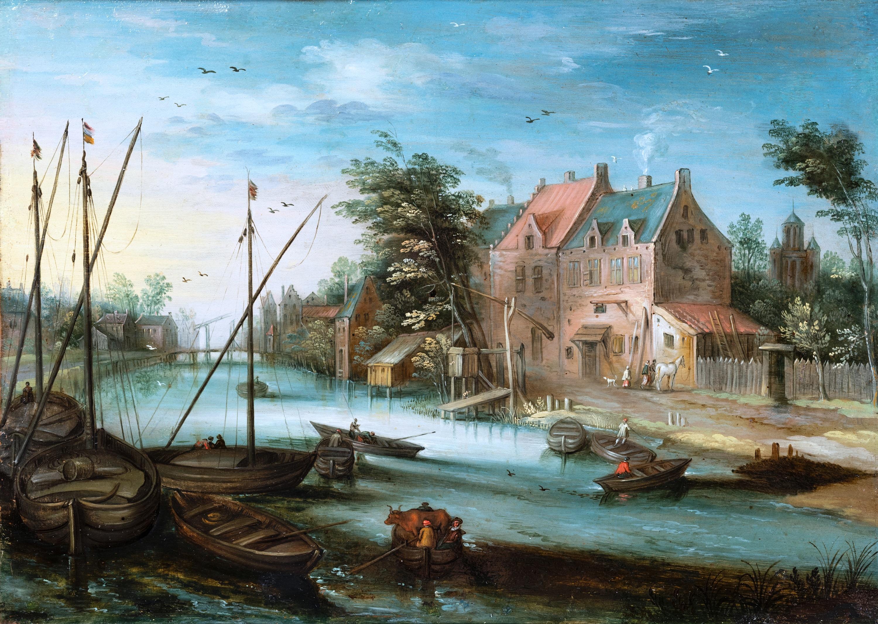 River landscape, studio of Jan Brueghel the Younger  17th century Antwerp school - Painting by Studio of Jan Brueghel the Younger