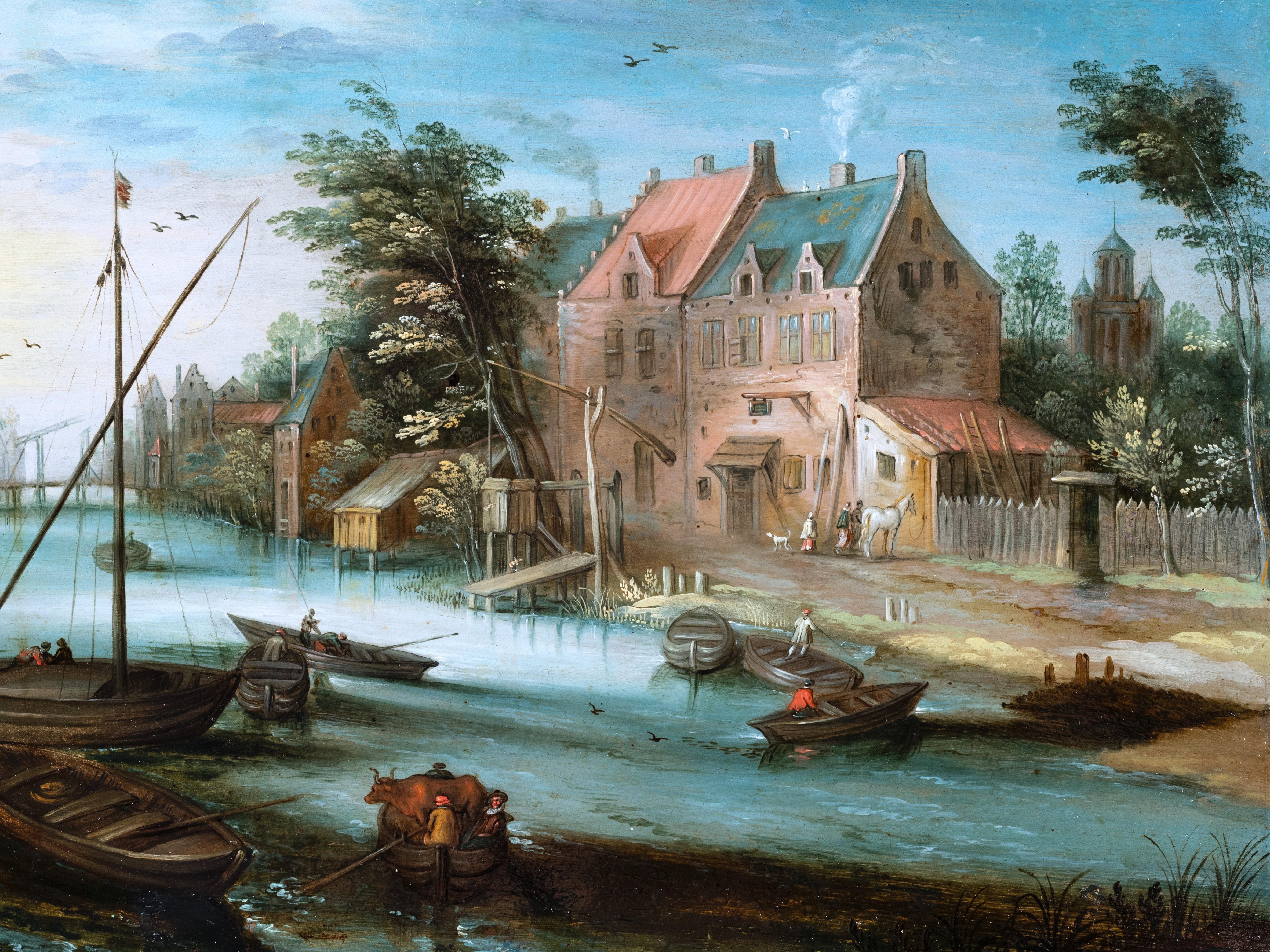 River landscape
Studio of Jan Brueghel the Younger (1601-1678)
17th century Antwerp school
Oil on copper: h. 7.48 in, w. 10.43 in
Ebonized wood and moulded frame
Framed: h. 18.4 in, w. 20.87 in.

This precious painting illustrates the view of a