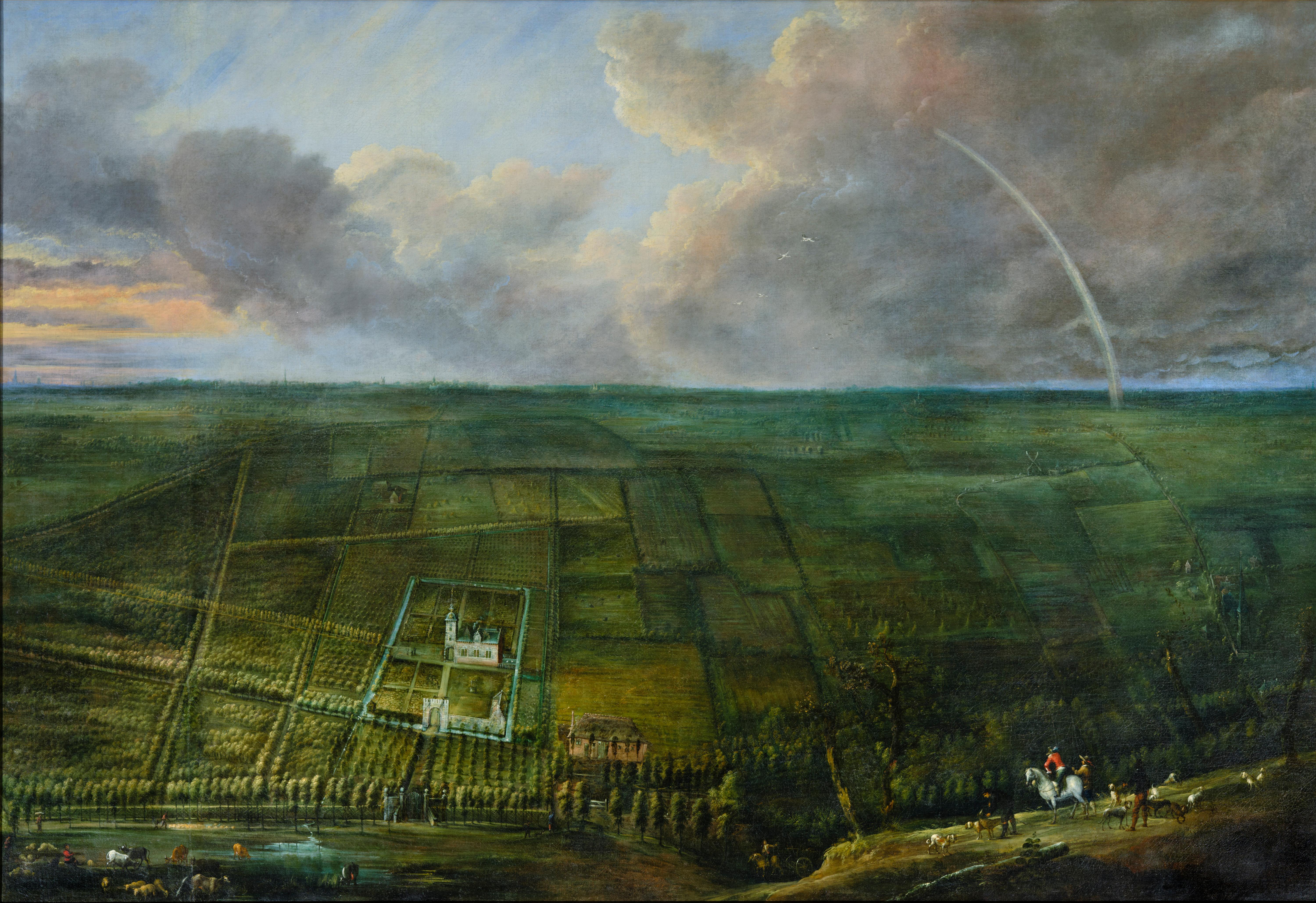Vista panorámica de una finca al borde del bosque de Sonian (cerca de Bruselas) - Painting de Studio of Lucas van Uden