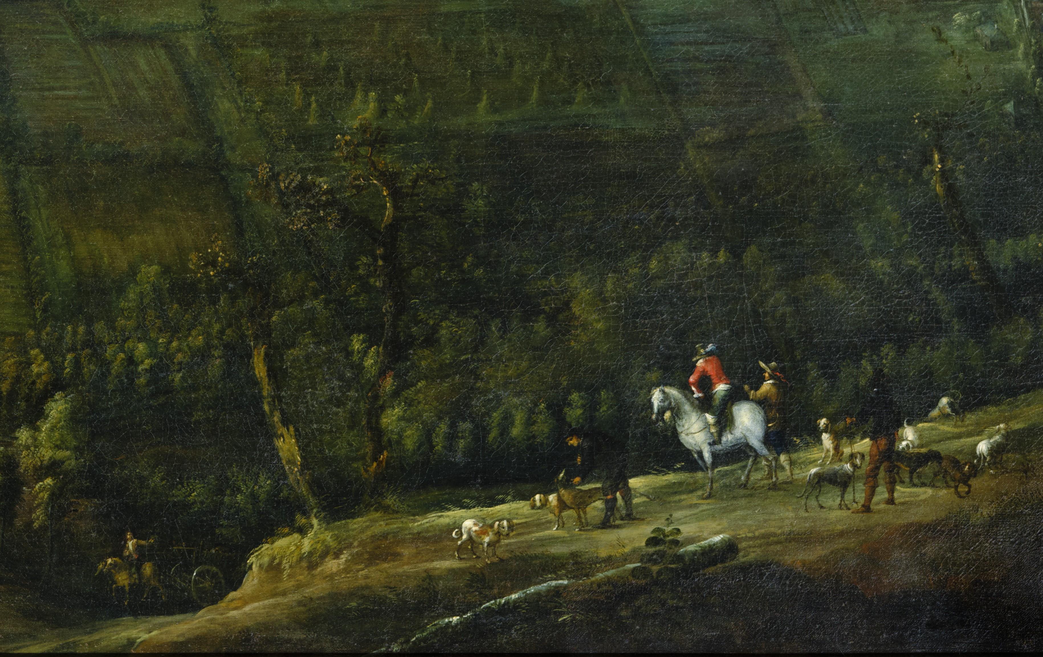 Vista panorámica de una finca al borde del bosque de Sonian (cerca de Bruselas) - Landscape Painting Negro de Studio of Lucas van Uden