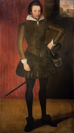 Portrait en pied d'un gentleman, huile sur toile de Tudor, peinture grandeur nature