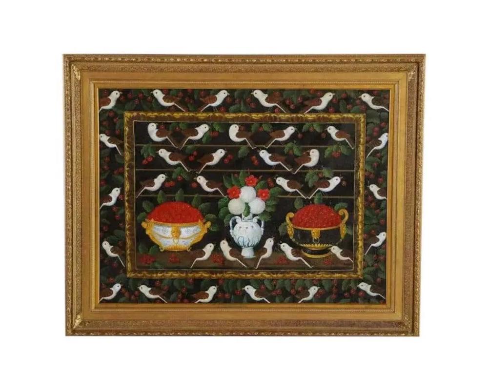 Studio of Miguel Canals (Spanish, 1925-1995) Bowl of Cherries, Birds and Flowers Oil on Canvas Painting in a Gilt-wood Frame. Extremely fine quality painting. Very decorative. Canvas size: 48
