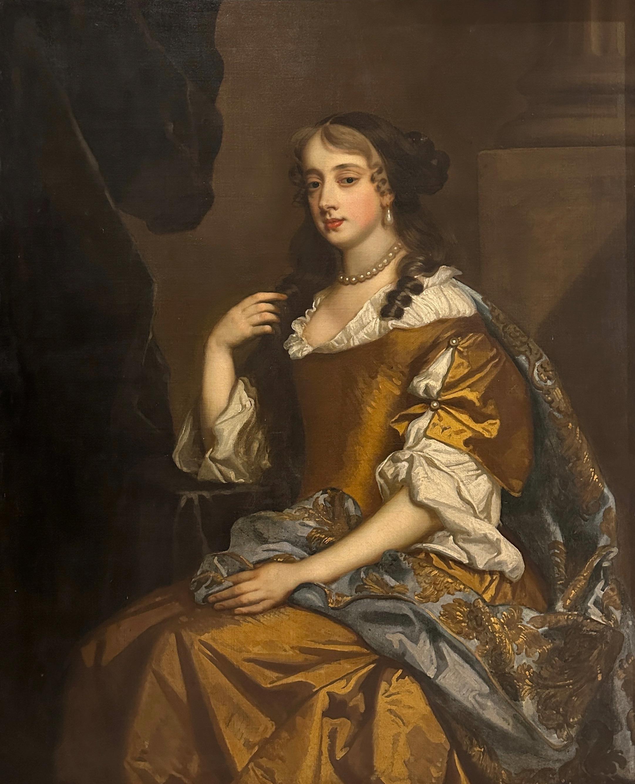 17th century English portrait of the Duchess of Leeds seated in an interior - Painting by Studio of Peter Lely