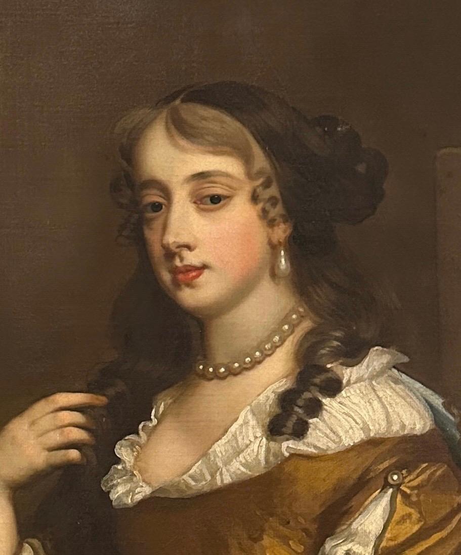 17th century English portrait of the Duchess of Leeds seated in an interior - Old Masters Painting by Studio of Peter Lely