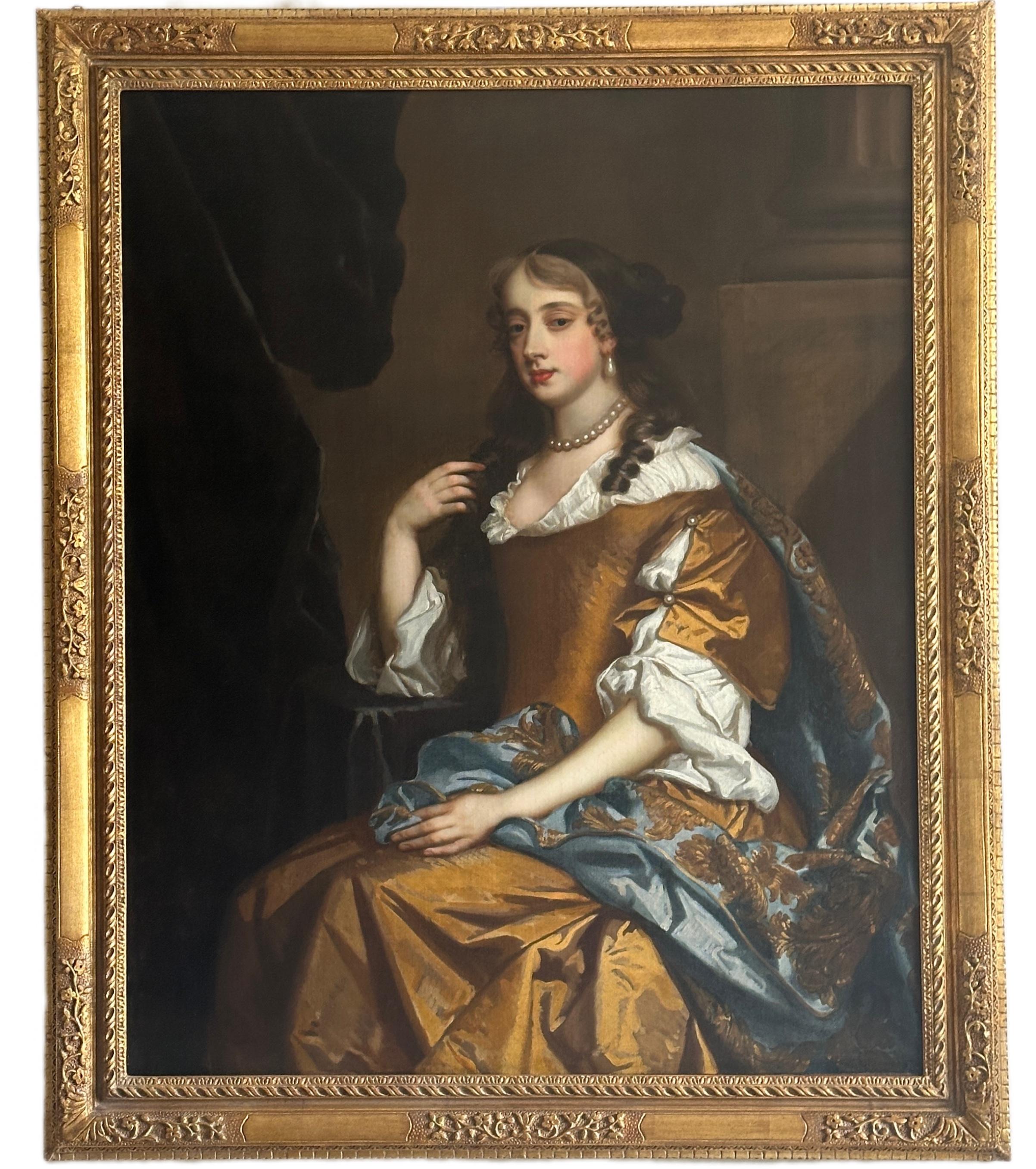 Studio of Peter Lely Portrait Painting – Porträt einer sitzenden Dame in einem Innenraum aus dem 17. Jahrhundert
