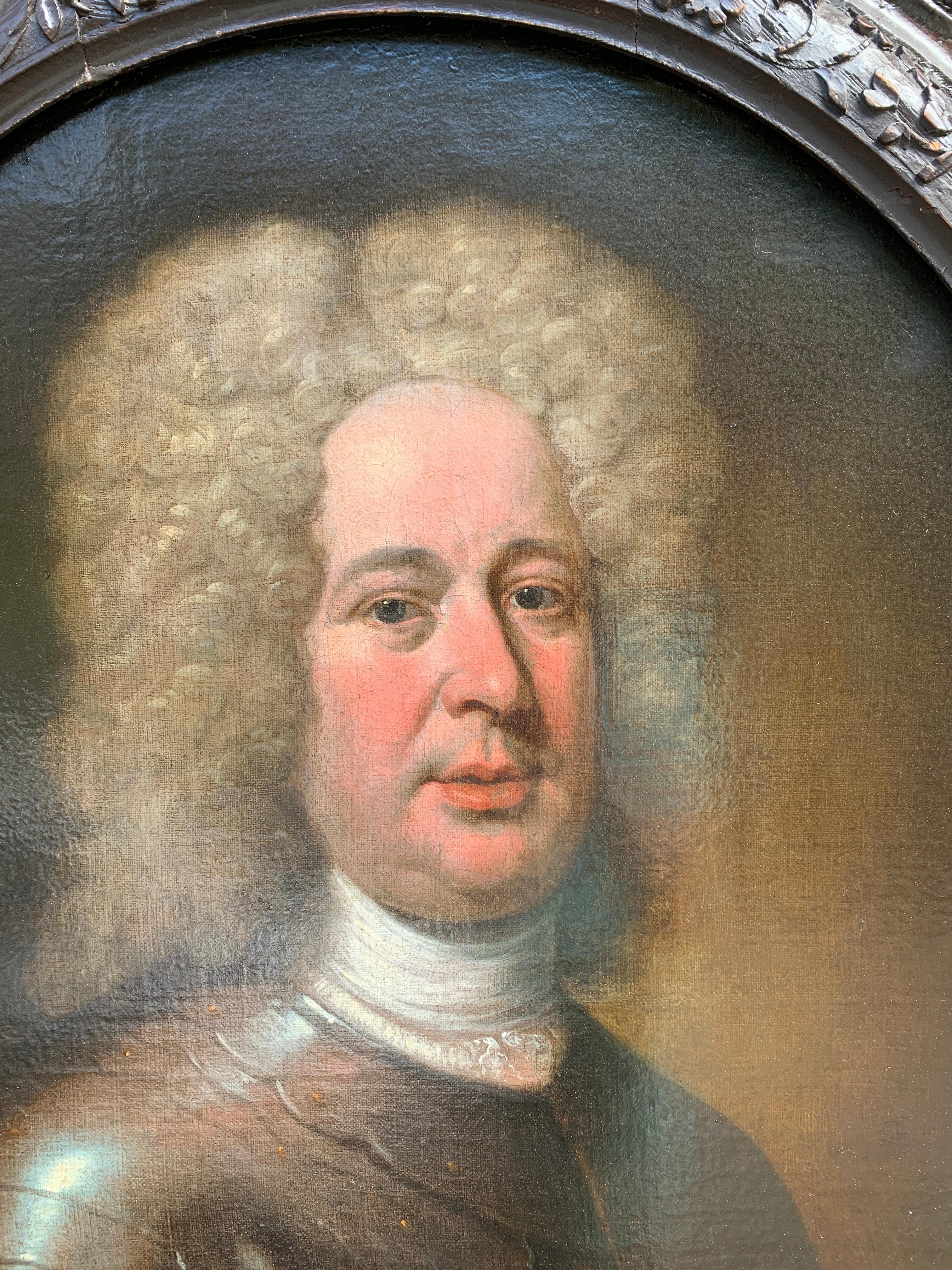 18th century oil painting English portrait of a gent in armor, wearing a wig - Painting by studio of Sir Godfrey Kneller