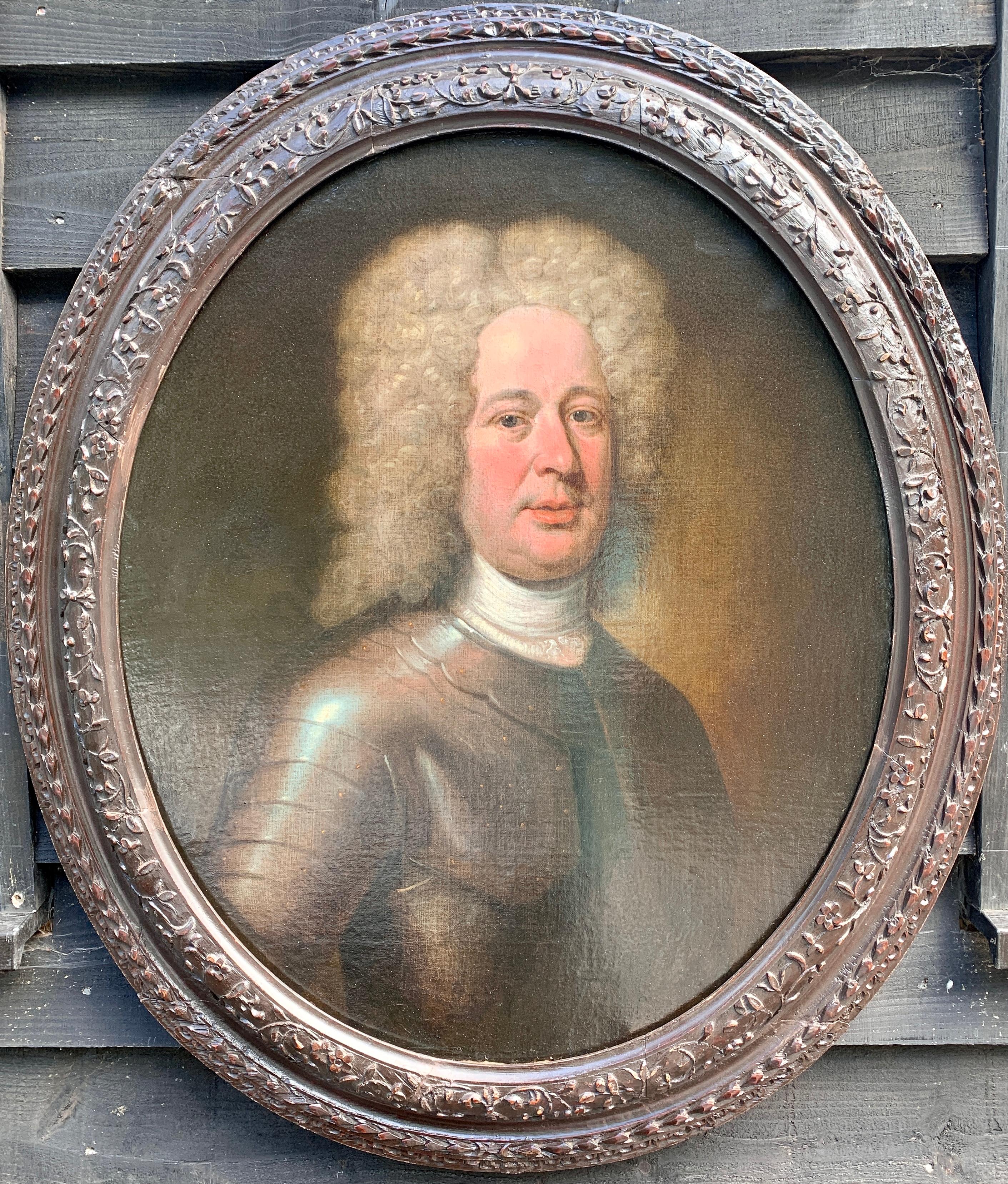 18th century oil painting English portrait of a gent in armor, wearing a wig
