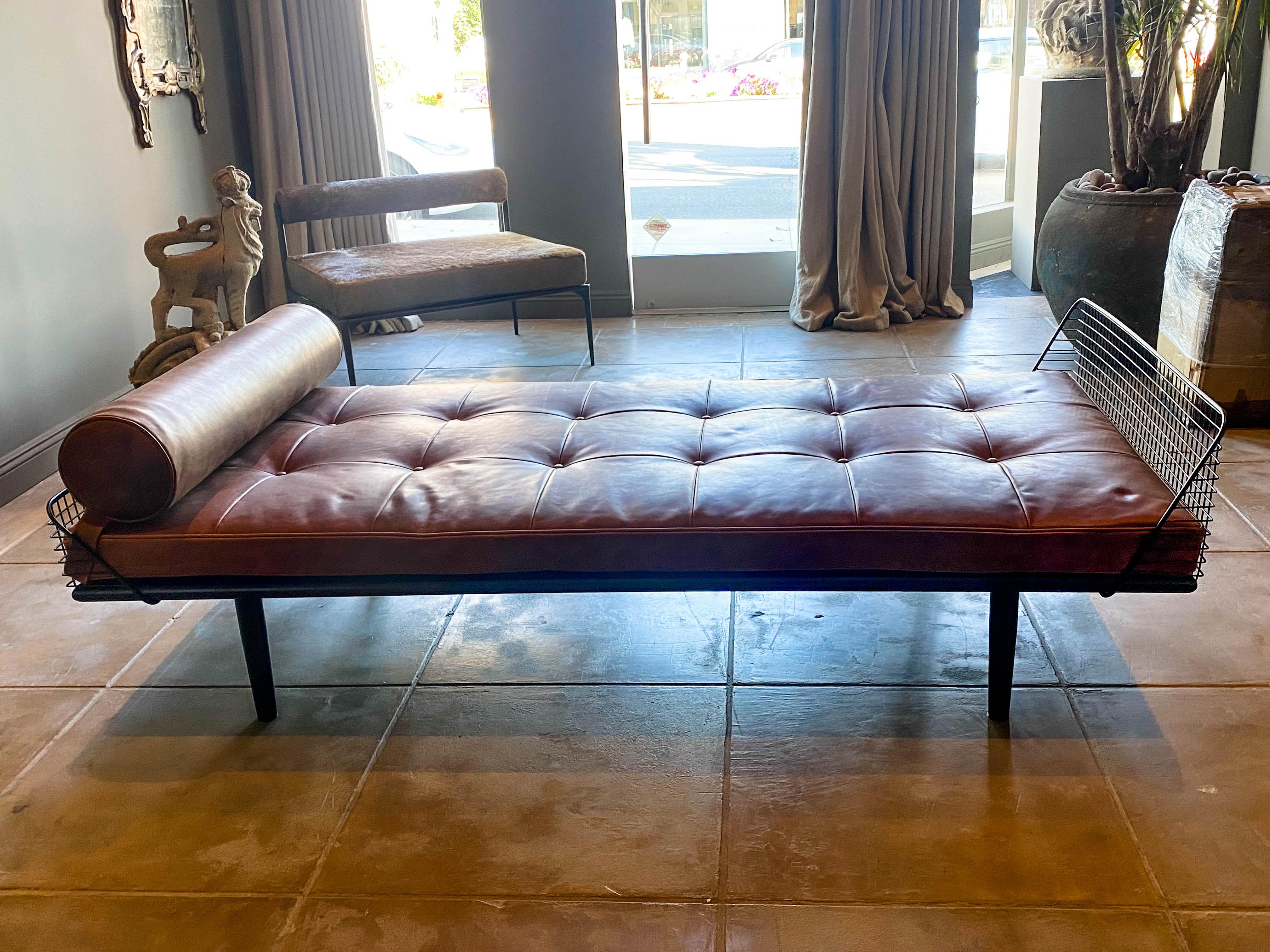Studio Osklo Daybed 1 in Blackened Steel with Aged Leather Cushion and Bolster In New Condition For Sale In West Hollywood, CA