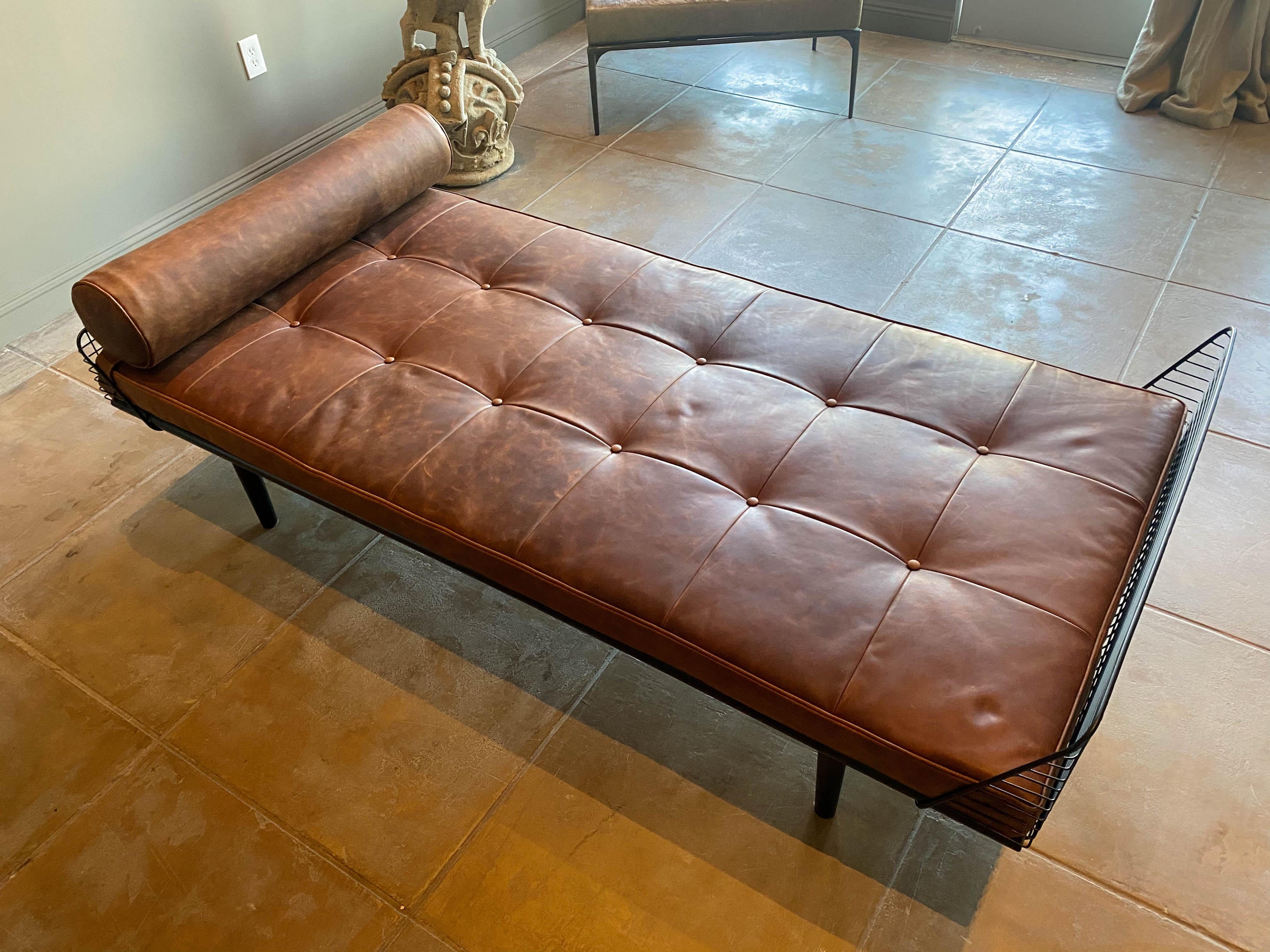 Metal Studio Osklo Daybed 1 in Blackened Steel with Aged Leather Cushion and Bolster For Sale