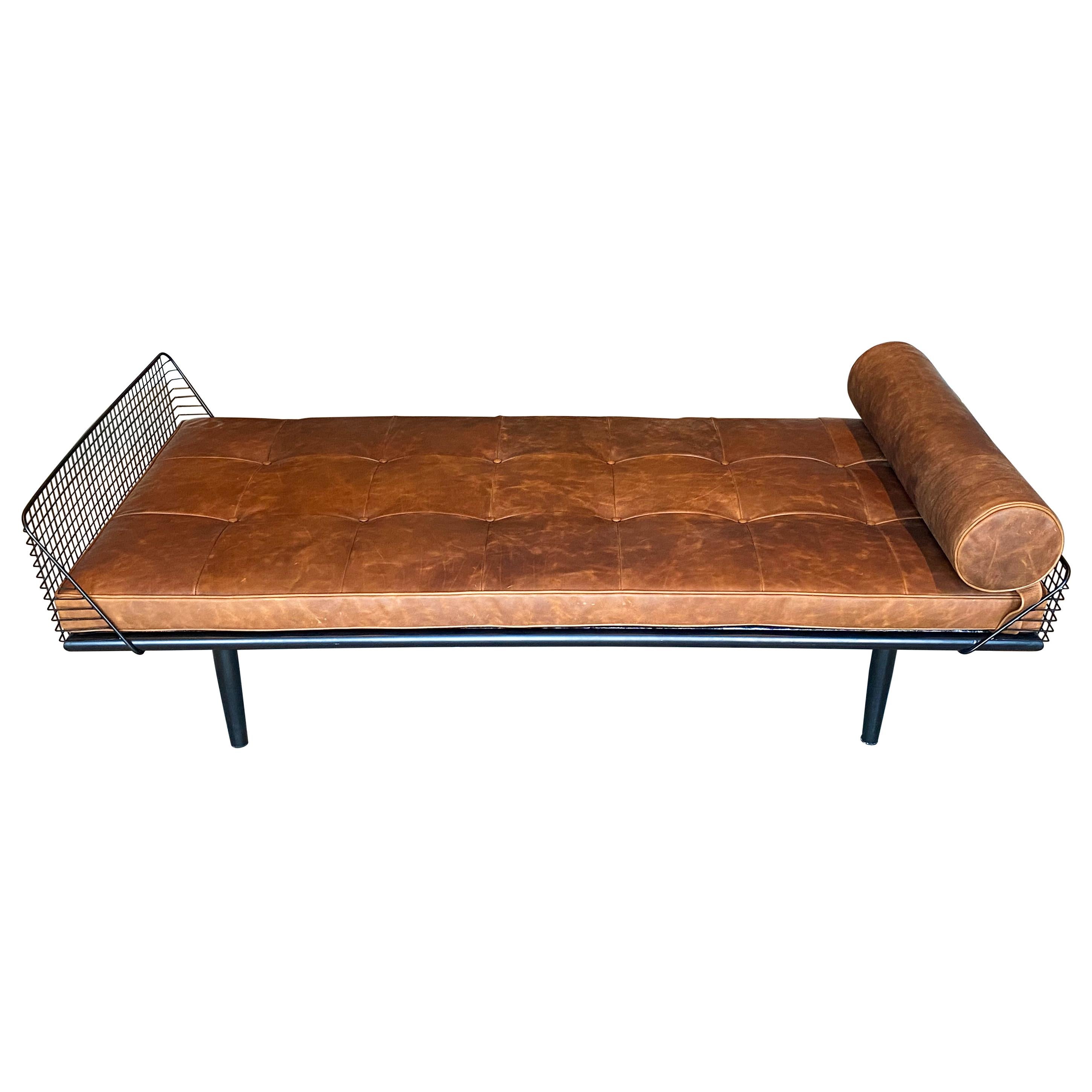 Studio Osklo Daybed 1 in Blackened Steel with Aged Leather Cushion and Bolster For Sale