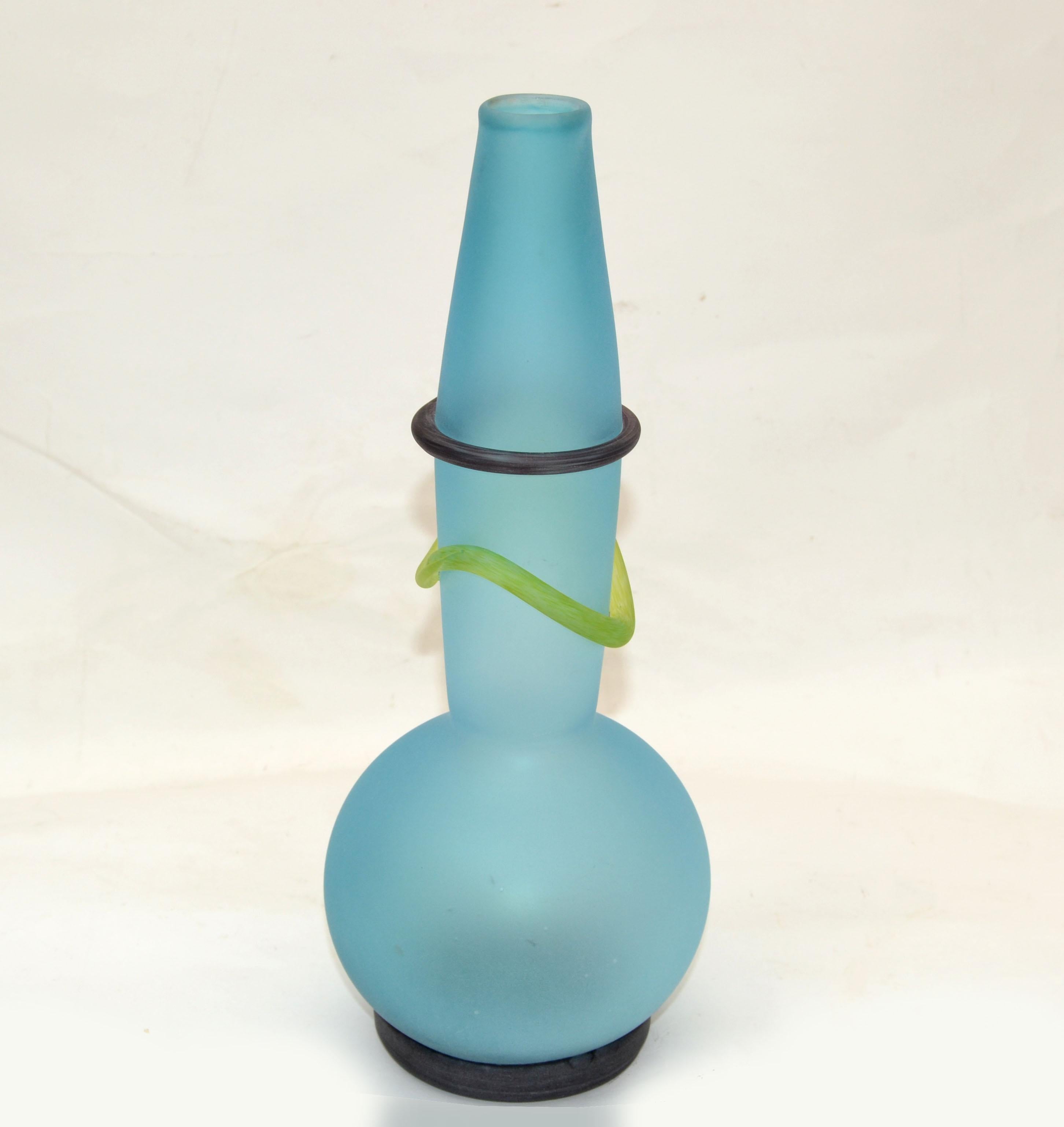 American Studio Paran Turquoise, Blue Blown & Yellow Art Glass Vase Mid-Century Modern  For Sale