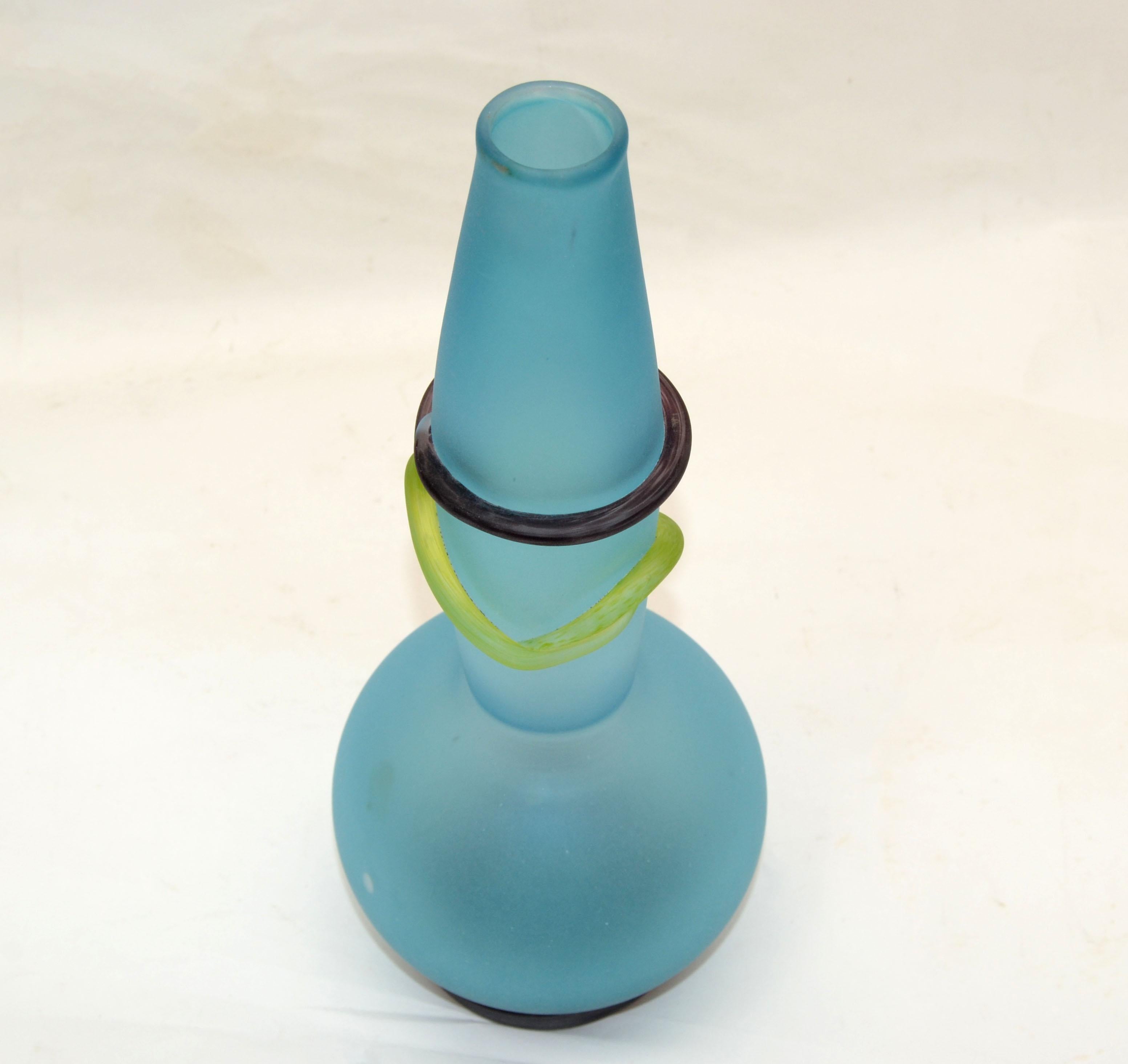 Hand-Crafted Studio Paran Turquoise, Blue Blown & Yellow Art Glass Vase Mid-Century Modern  For Sale
