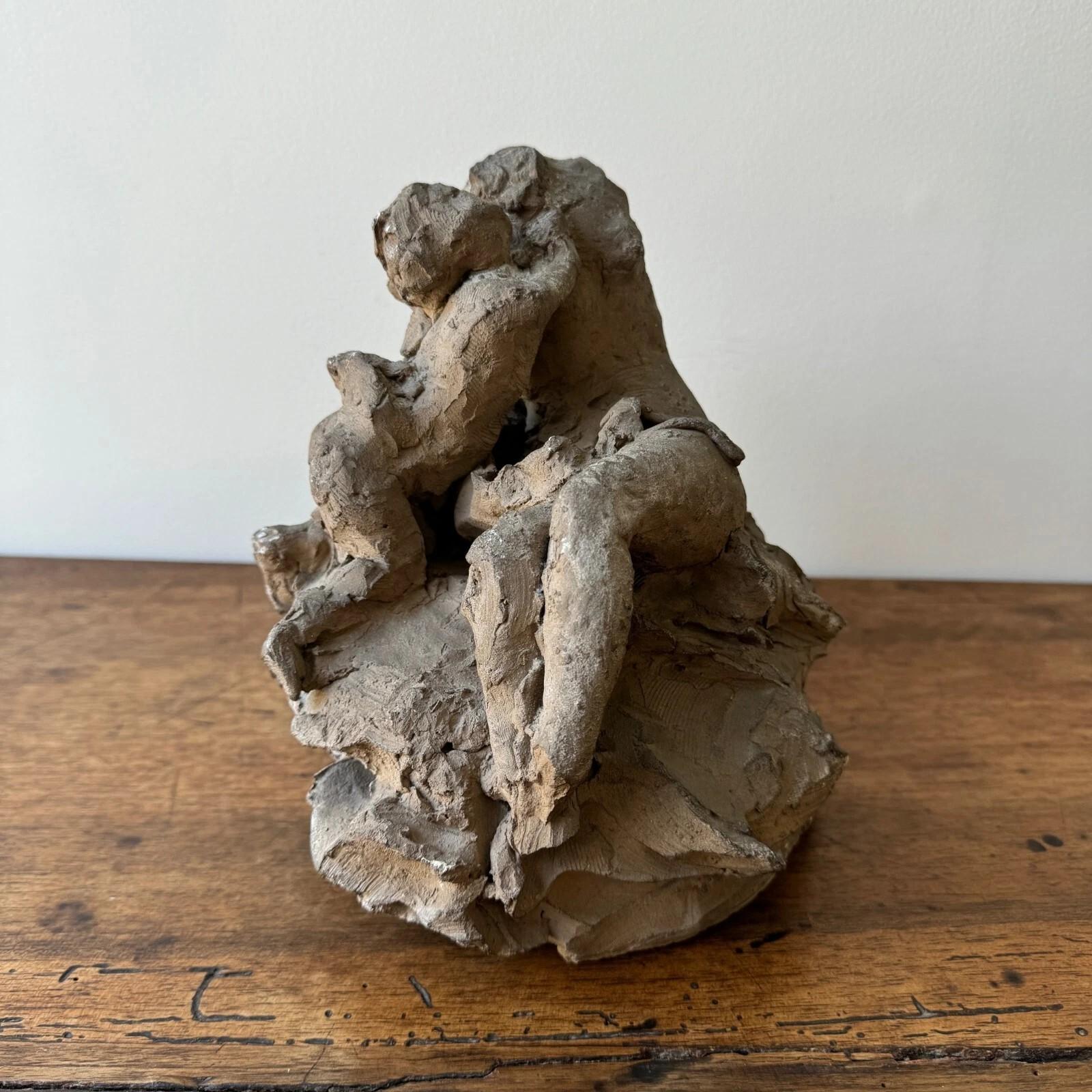 French Studio plaster by Ch. Filleul – child embracing a nude woman, 20th century For Sale