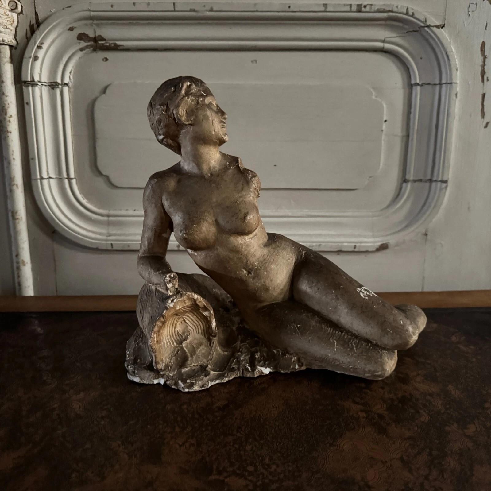 Studio plaster by Charles Filleul depicting a nude young woman seated on a rock. For Sale 4