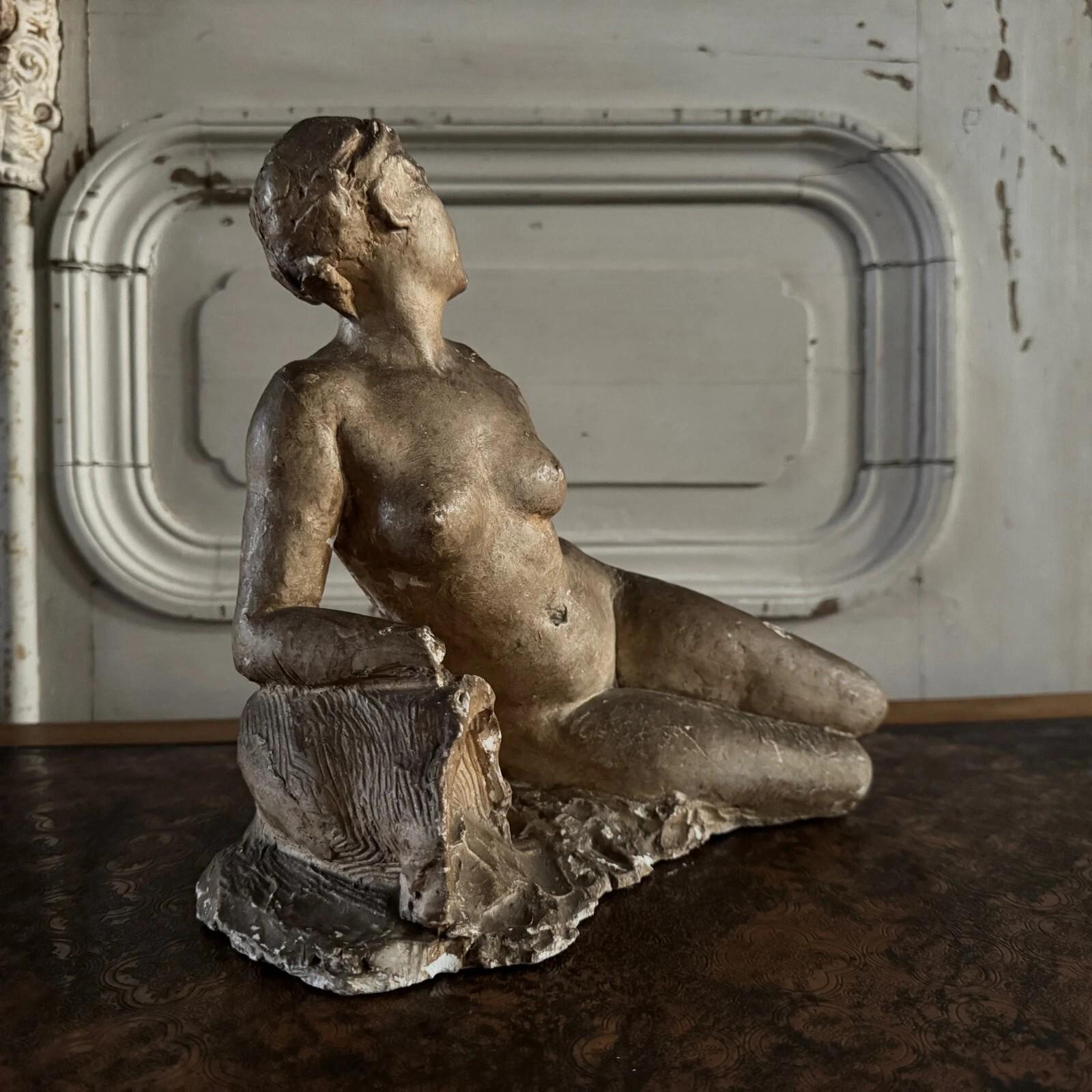 Studio plaster by Charles Filleul depicting a nude young woman seated on a rock. For Sale 1