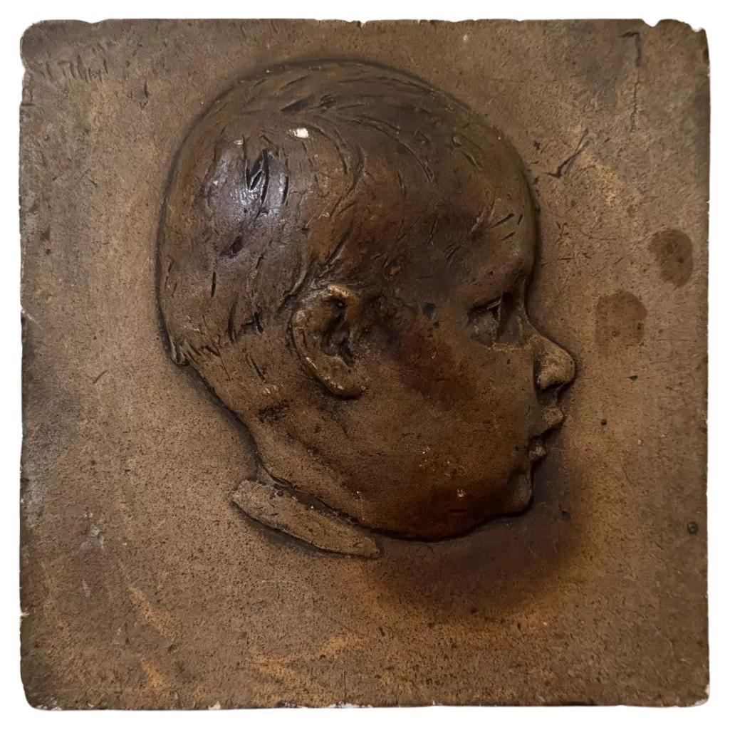 Studio Plaster Medallion by Ch. Filleul Head of a Young Child Early 20th Century