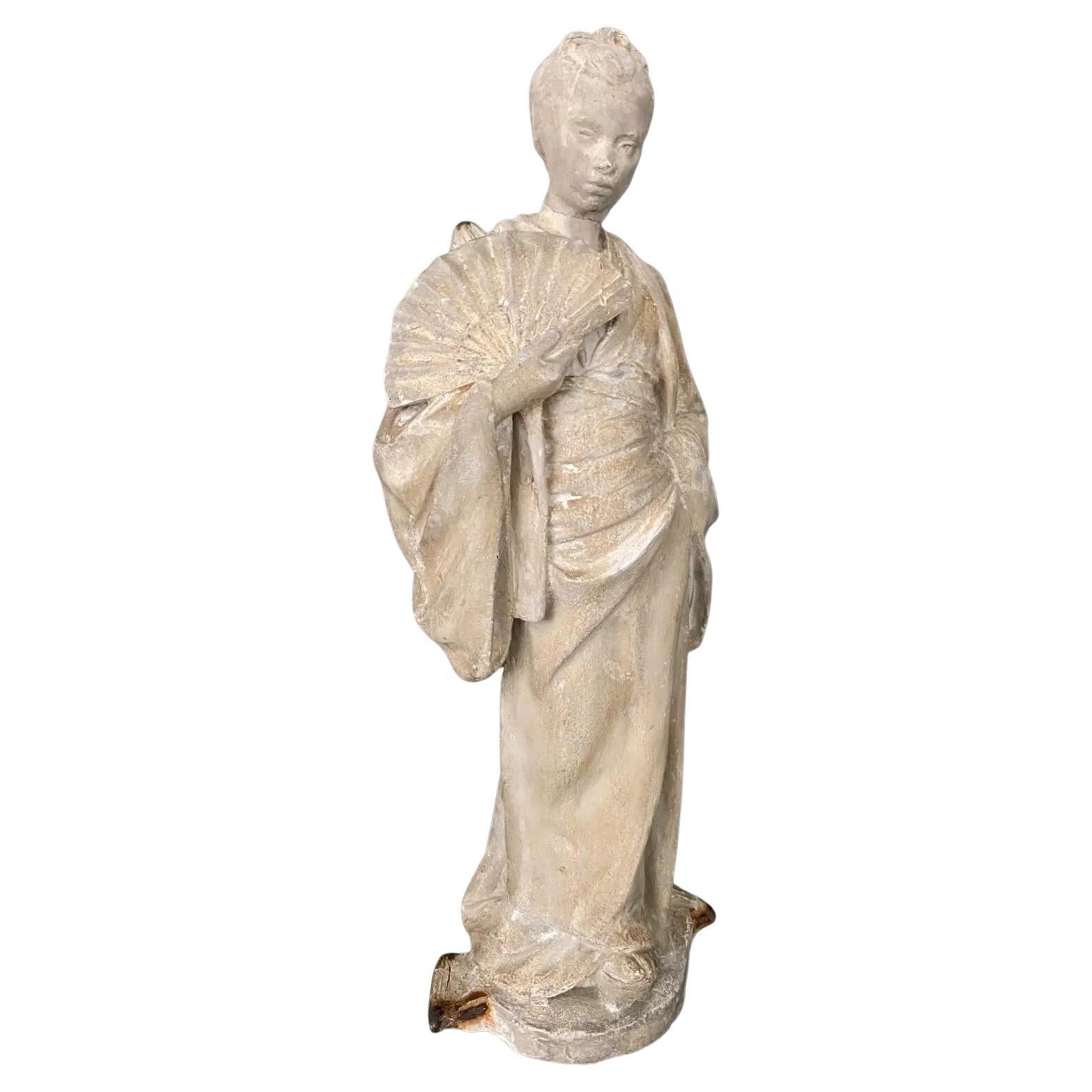 Studio plaster statue by Charles Filleul – Woman with a fan, 20th century.