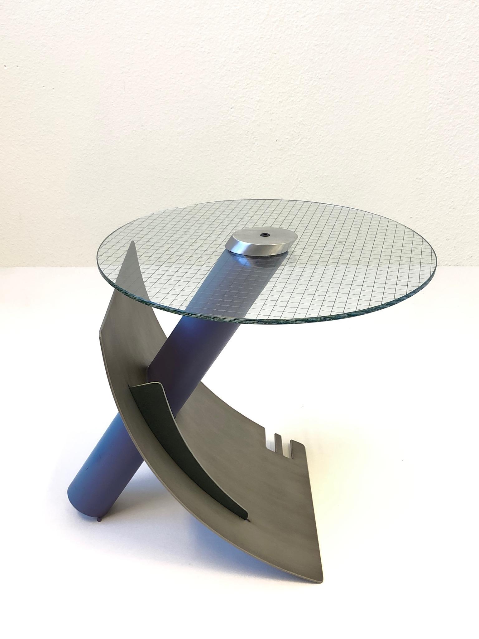 American Studio Postmodern Steel and Glass Side Table by Michael Graham
