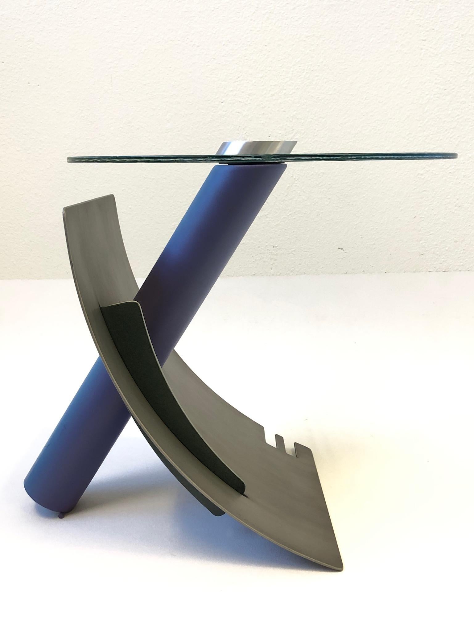 Brushed Studio Postmodern Steel and Glass Side Table by Michael Graham