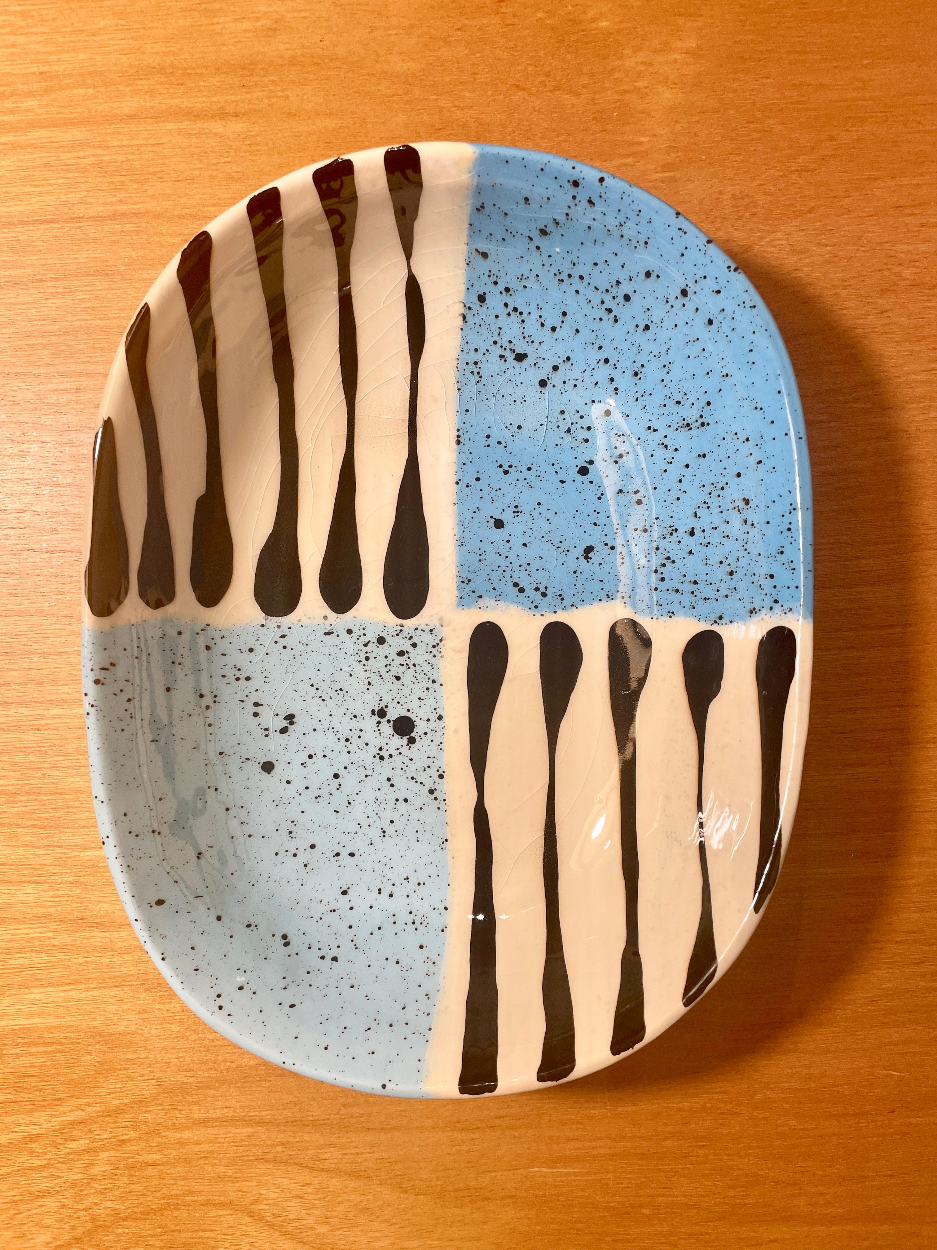 Modern Studio Pottery Blue and Black Splatter Glazed Slab Bowl For Sale