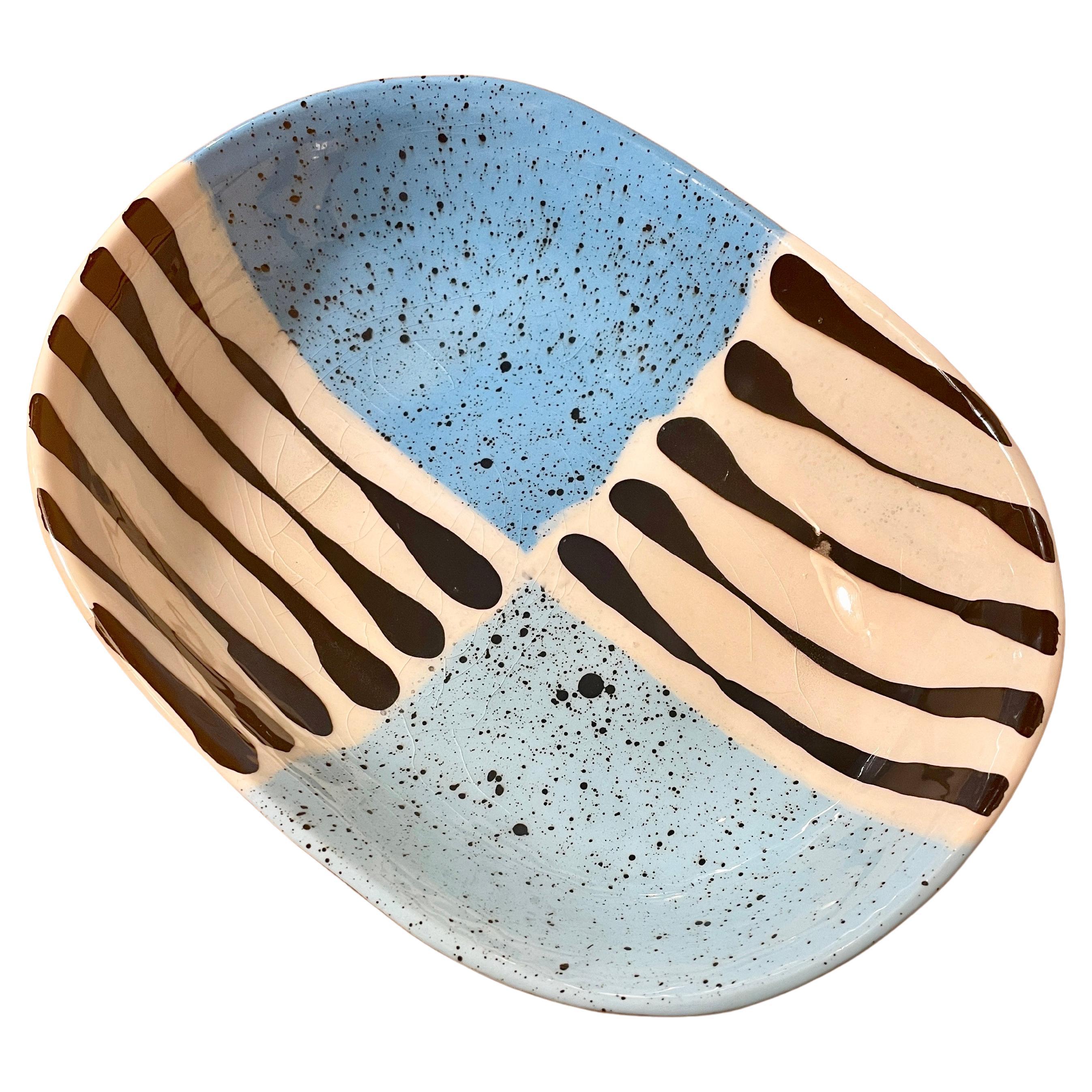 Studio Pottery Blue and Black Splatter Glazed Slab Bowl For Sale