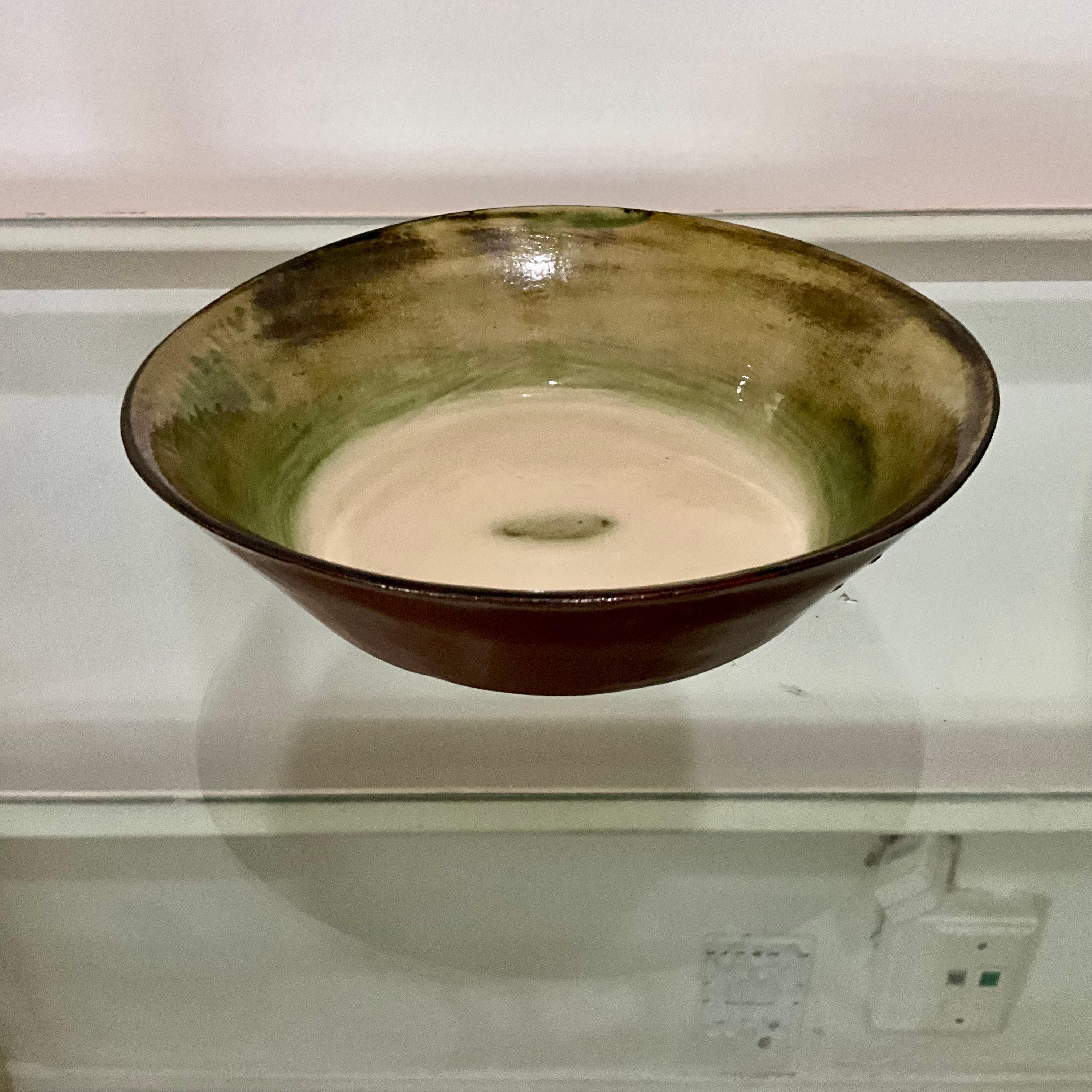 Mid-Century Modern Studio Pottery Bowl with Earth-Tone Glaze, Illegible Signature, 8” x 2” For Sale