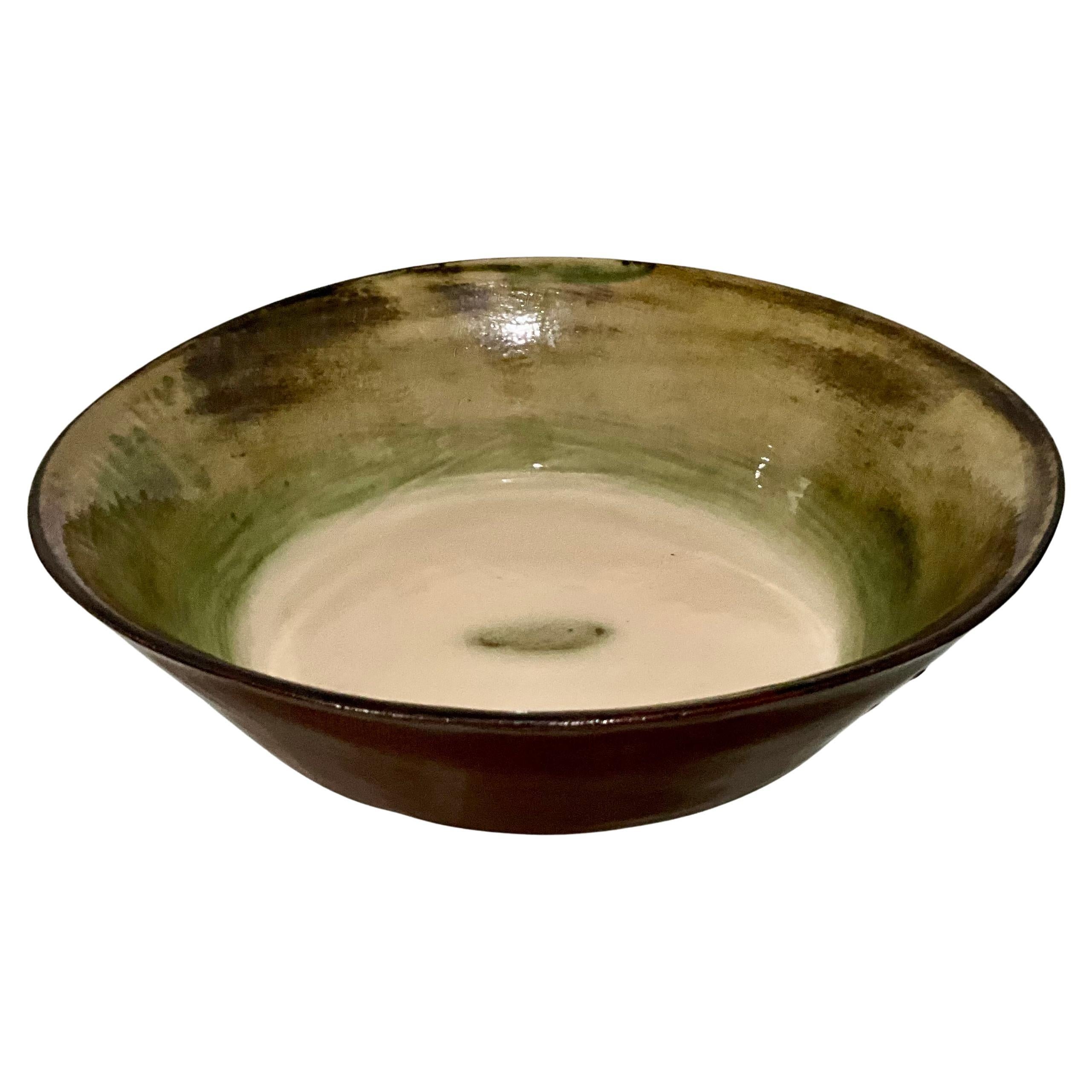Studio Pottery Bowl with Earth-Tone Glaze, Illegible Signature, 8” x 2”