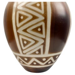 Studio Pottery Brown & off White Vase w Tribal-Inspired Geometric Motifs Signed
