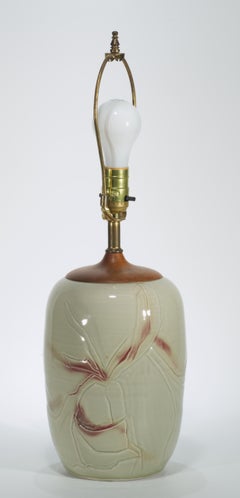 Studio Pottery Celadon Ceramic Urn & Walnut Table Lamp, 1950s