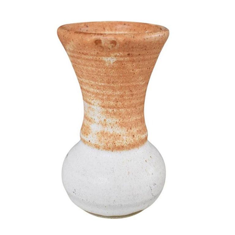 Americana Studio Pottery Ceramic Bud Vase in White and Orange Brown