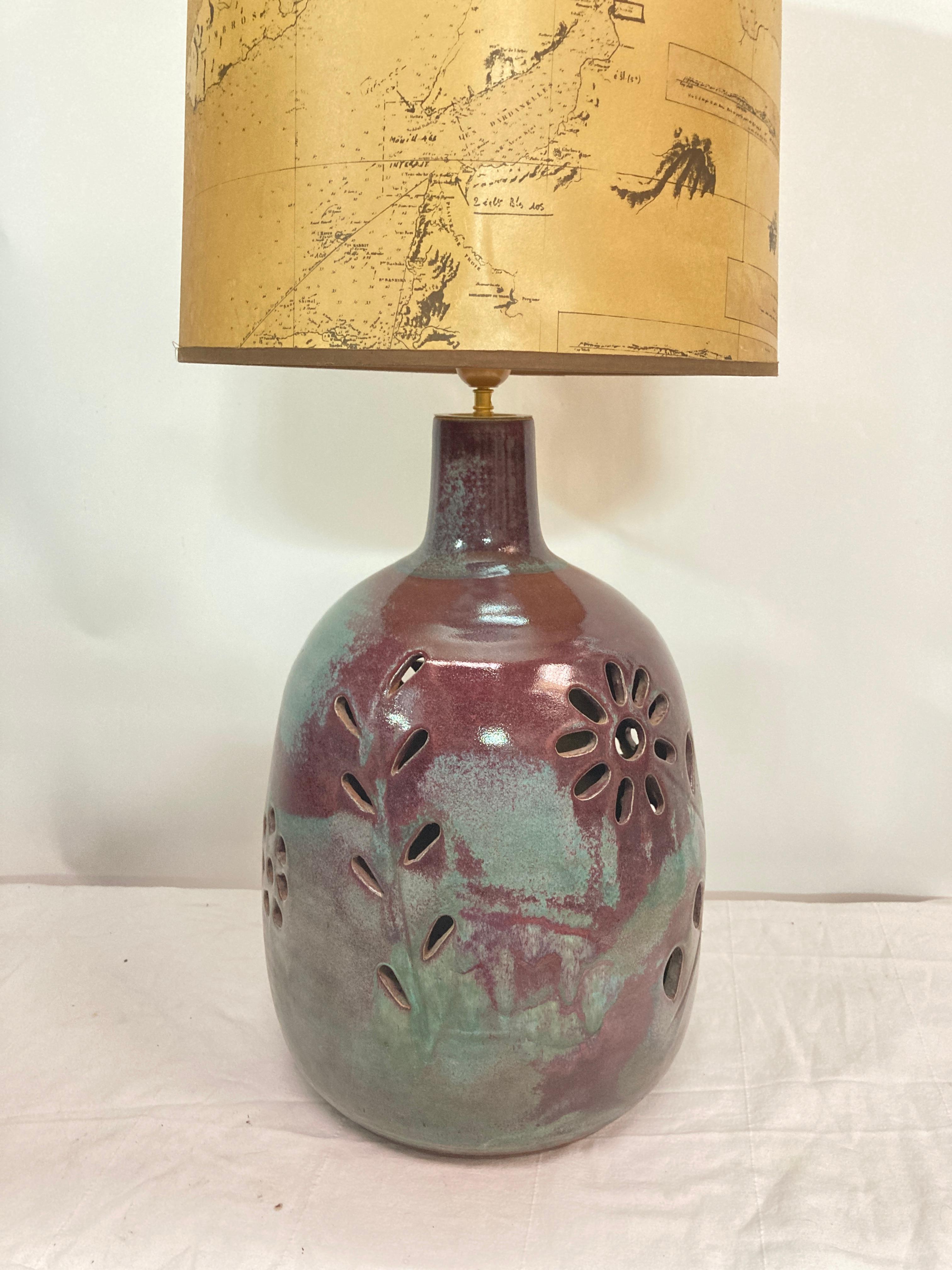 One of a kind huge studio pottery lamp
Circa 1970's 
Monogrammed
Vallauris France
Dimensions given without shade
No shade included