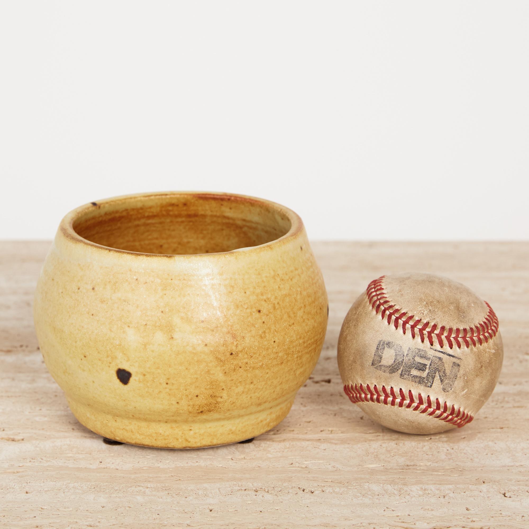 Golden yellow small ceramic vessel. Rounded form with handsome variation in tone and soft speckle. Slight grooves along the sides are remnants of the artist’s tool and a slight drip of the glaze highlights the handmade character.

Dimensions: 5.5”