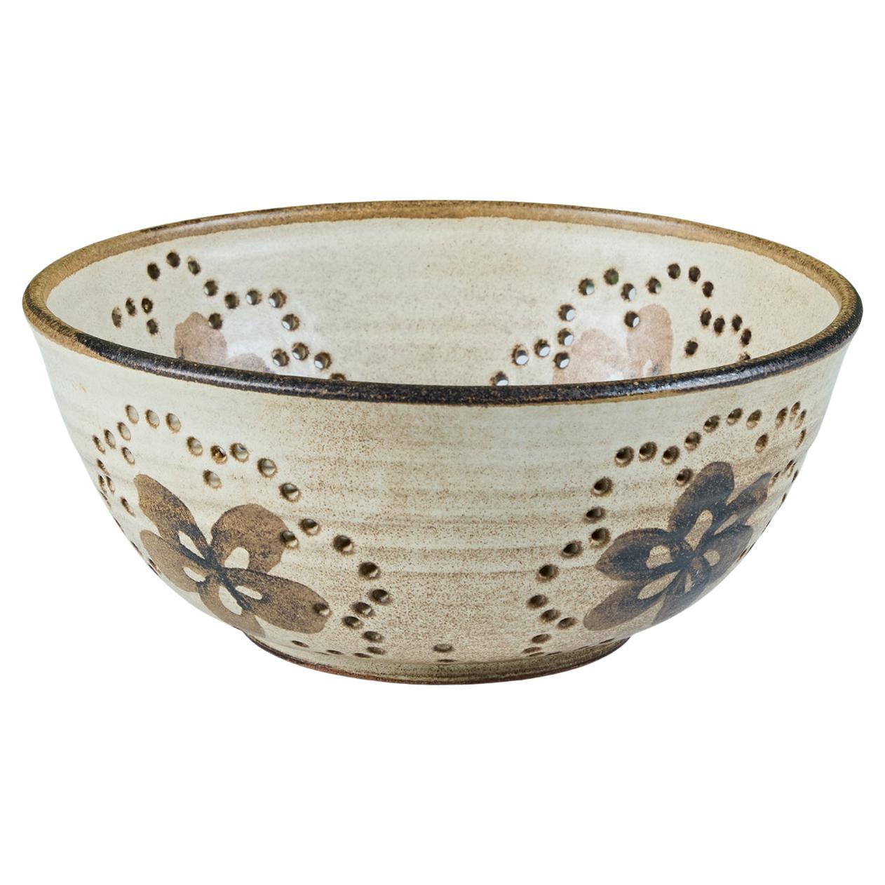 Studio Pottery Colander with Floral Motif