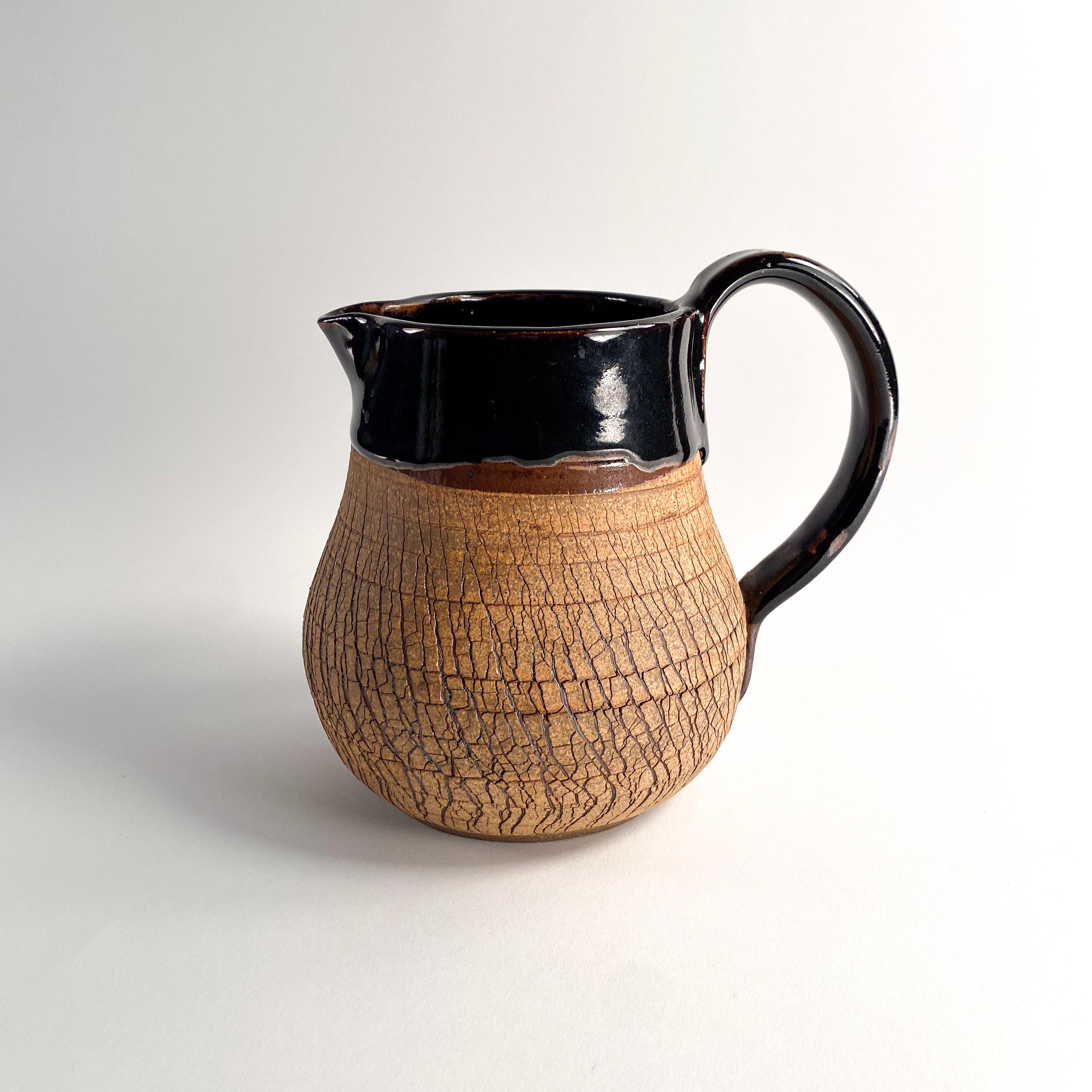 Organic Modern studio pottery cracked glaze pitcher For Sale