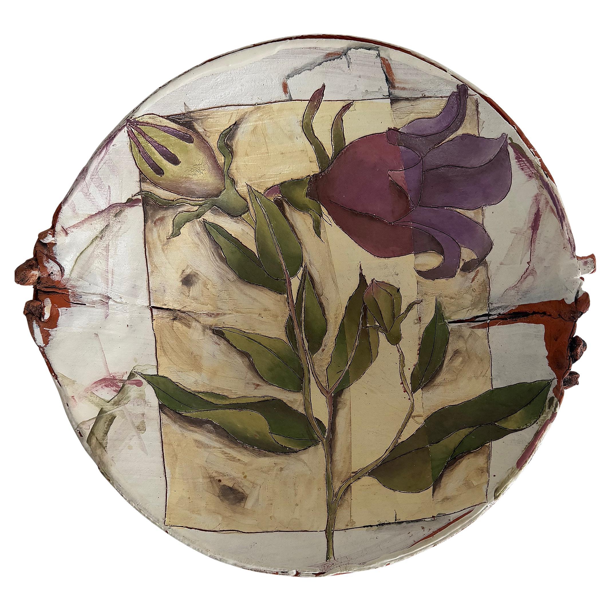 Studio Pottery Decorative Botanical Painted Lilly Bowl, Signed For Sale