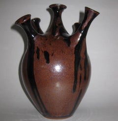Studio Pottery Five-Chimney Weed Pot Vase with Drip Glaze