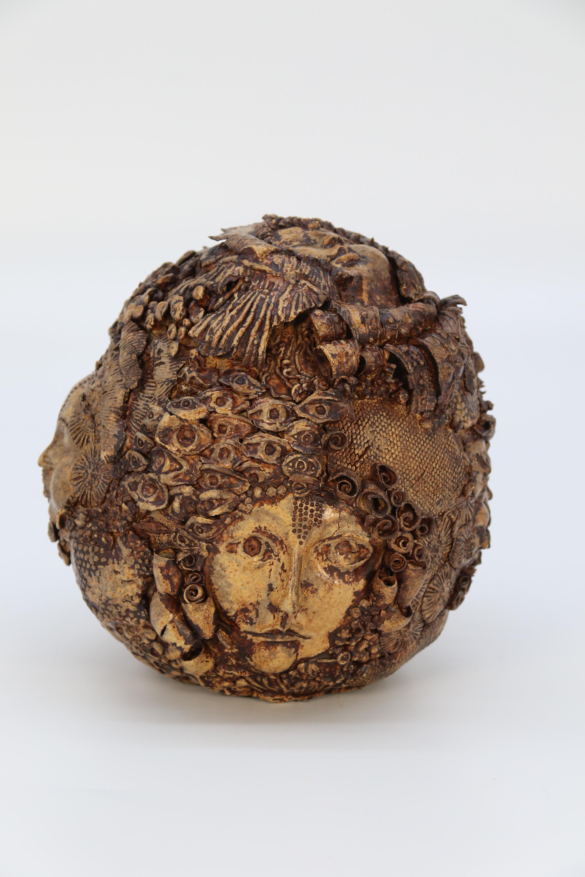 Folk Art Studio pottery hand created mythical sculpture of the many faces of sea urchins