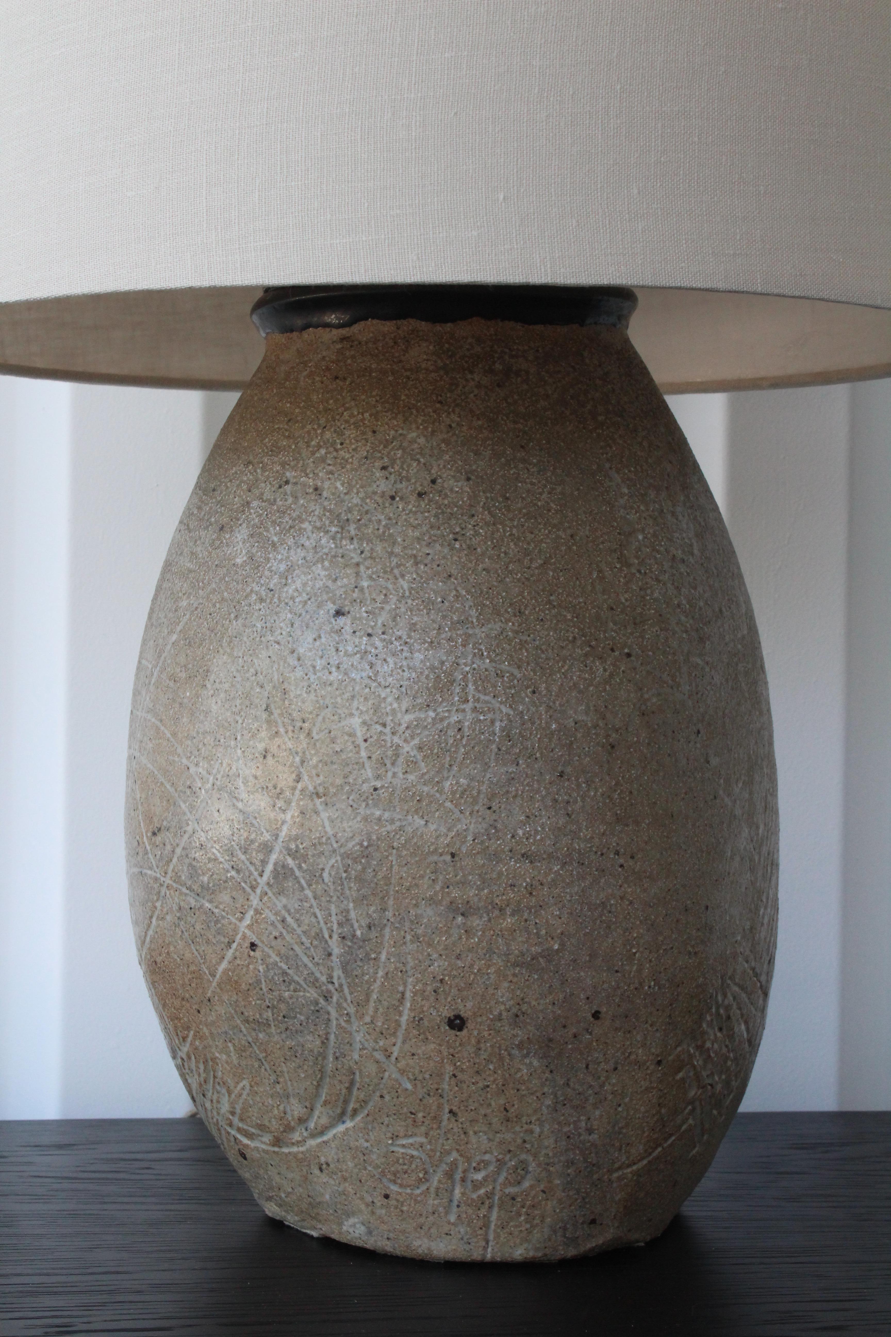 Studio pottery lamp by Larry Shep, USA, 1950s. Recently rewired and fitted with a custom shade.