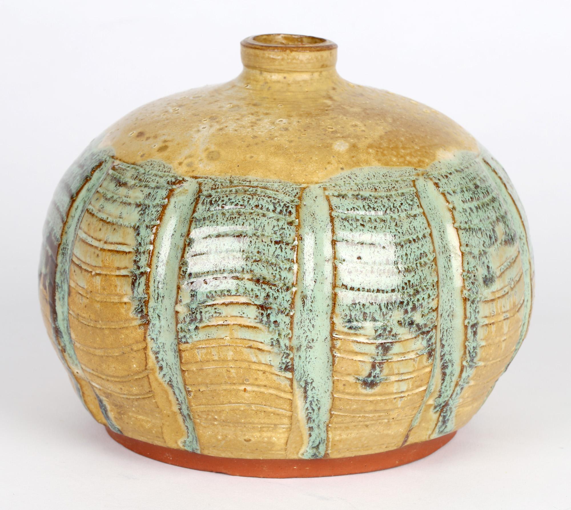 Late 20th Century Studio Pottery Mustard and Green Glazed Hand Crafted Signed and Dated Vase