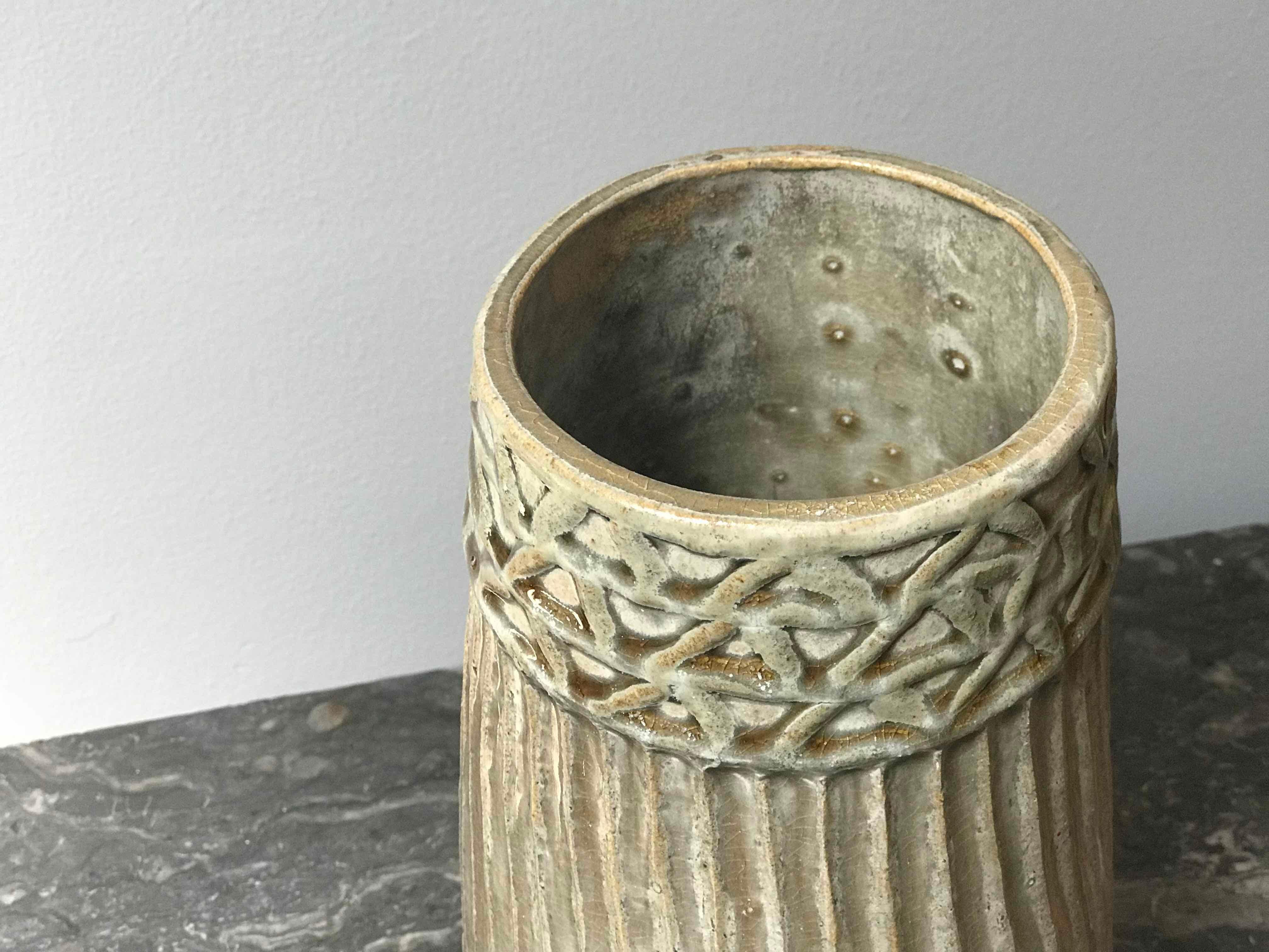 Studio Pottery Ribbed and Glazed Vase In Good Condition In Los Angeles, CA