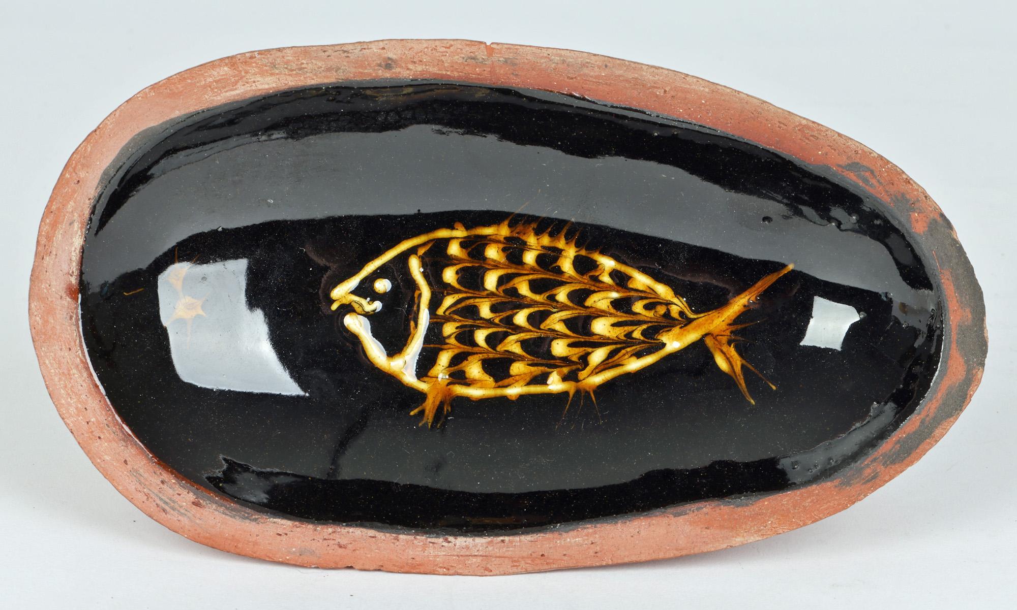 Studio Pottery Slipware Fish Decorated Terracotta Dish For Sale 5
