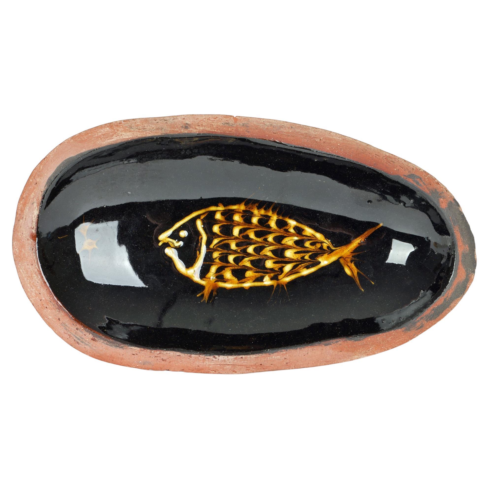 Studio Pottery Slipware Fish Decorated Terracotta Dish For Sale