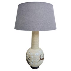 Studio Pottery Table Lamp with Hand-Decorated Blossom Motif, Signed, 1970s