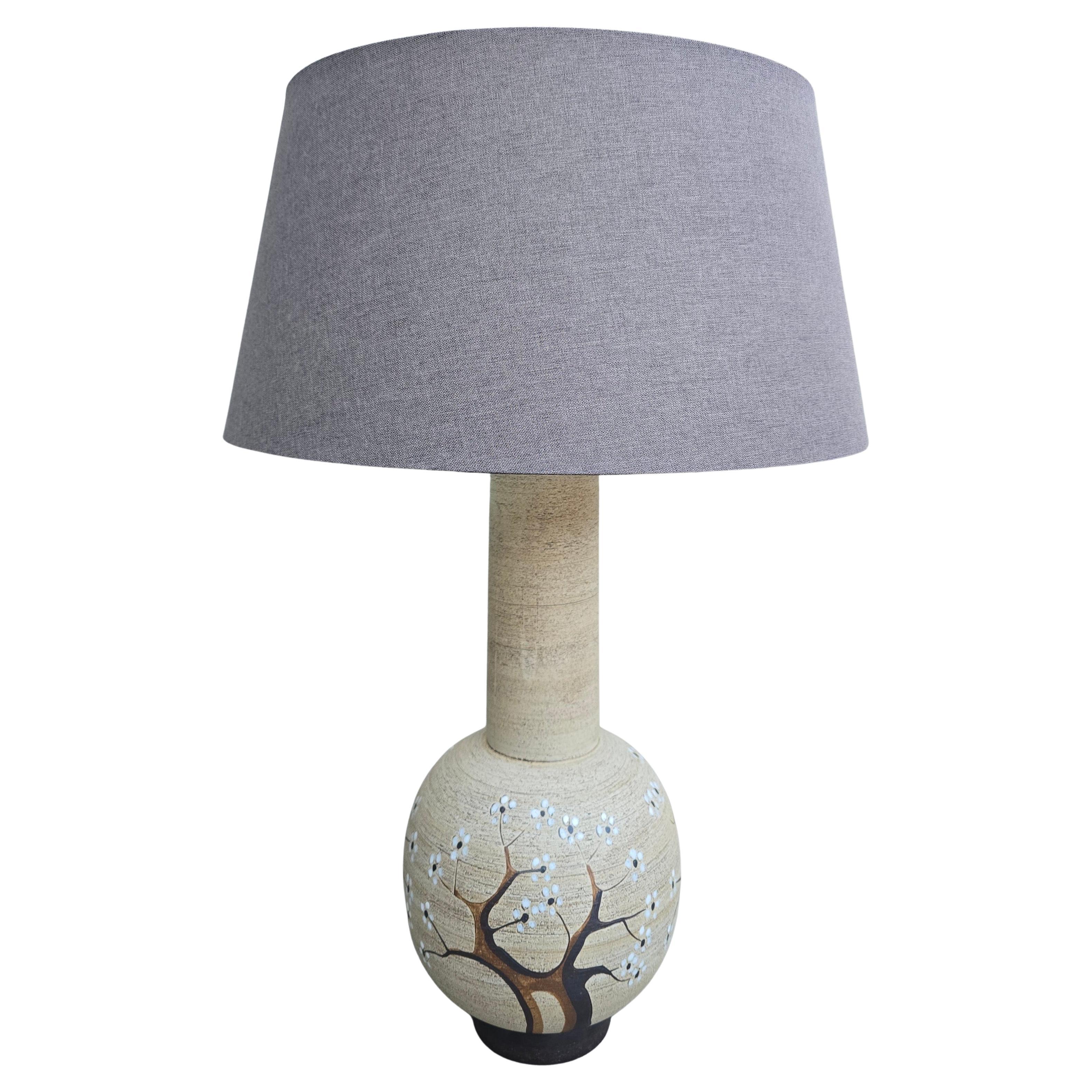 Mid-Century Modern Studio Pottery Table Lamp with Hand-Decorated Blossom Motif, Signed, 1970s For Sale