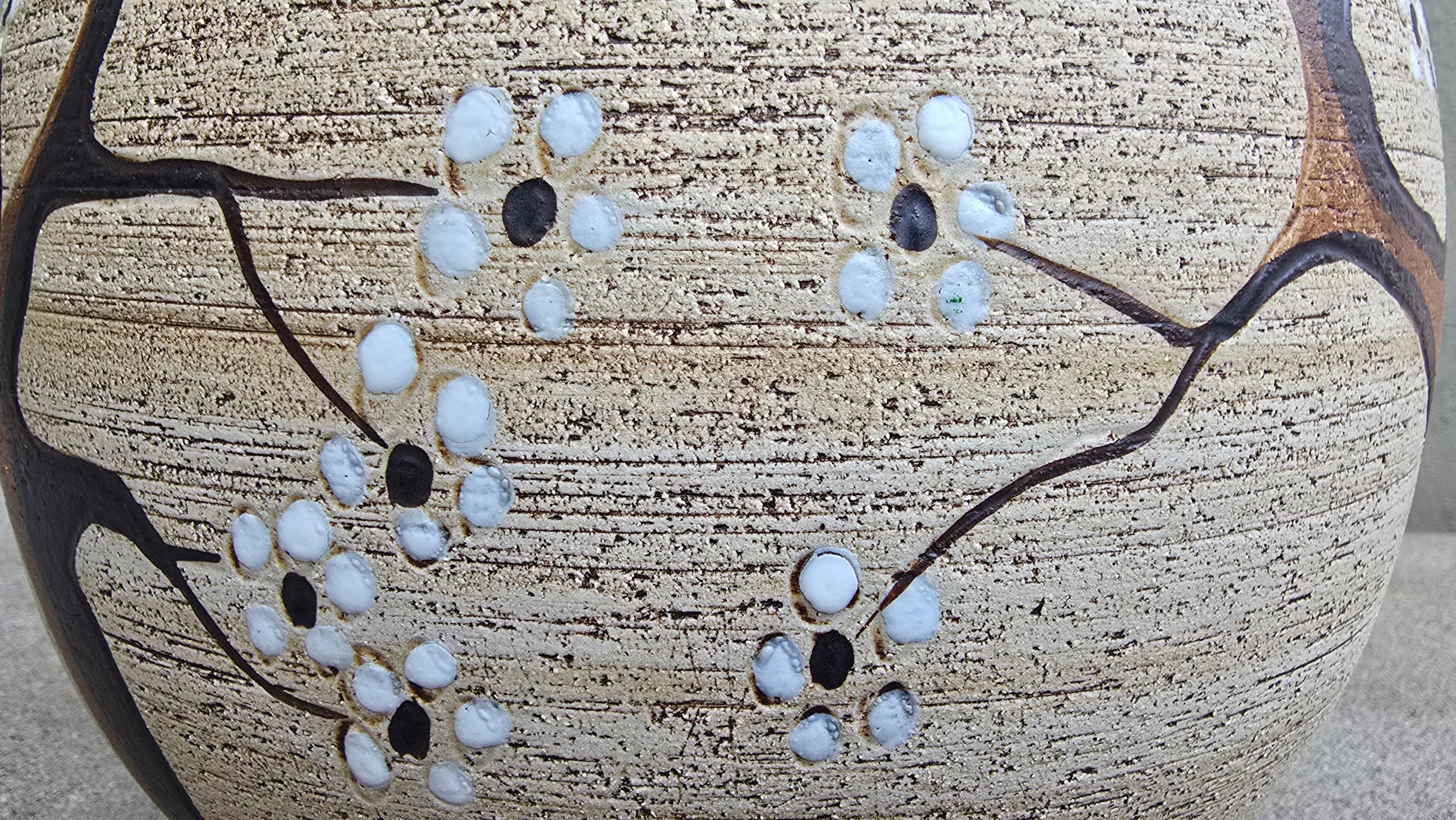 Belgian Studio Pottery Table Lamp with Hand-Decorated Blossom Motif, Signed, 1970s For Sale